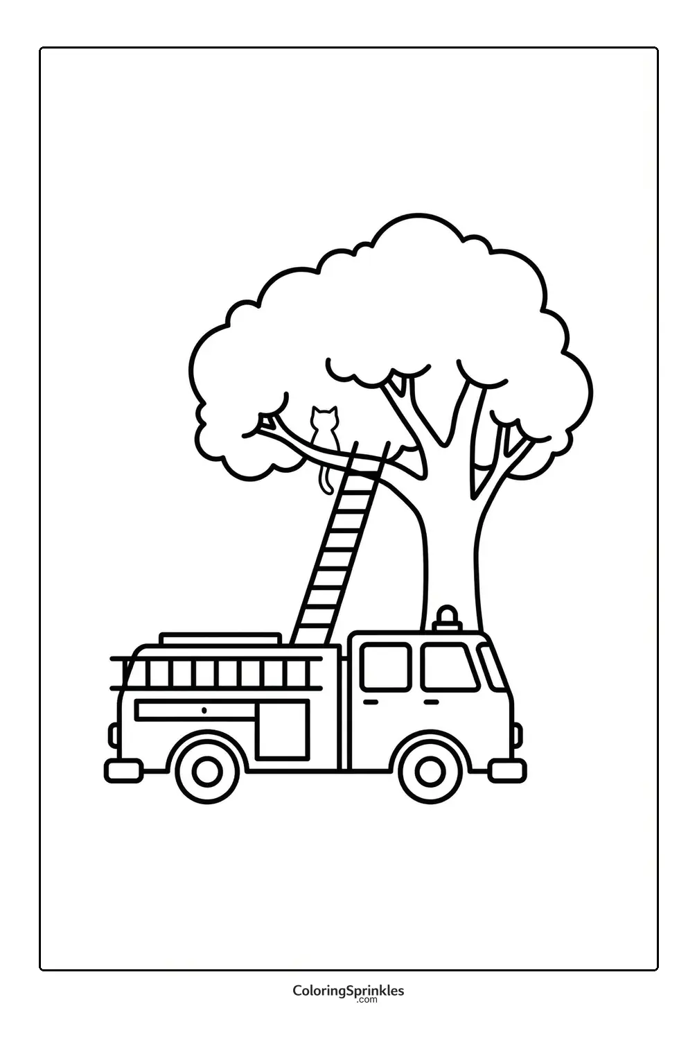 Coloring page of a fire truck with a ladder against a tree with a cat