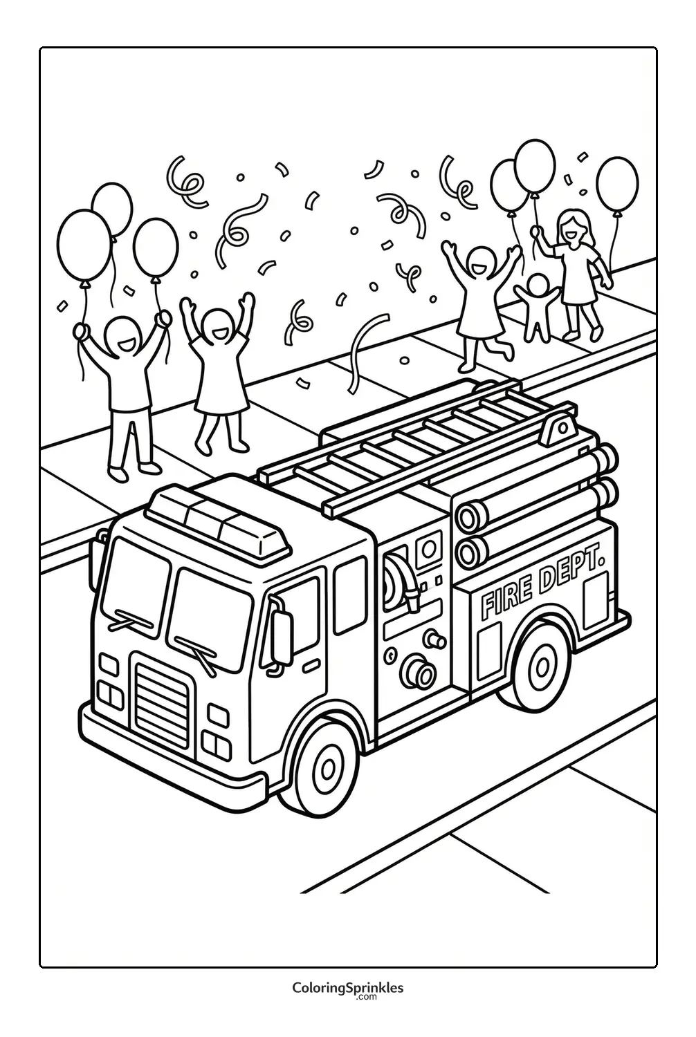 Coloring page of a fire truck driving in a parade with children holding balloons