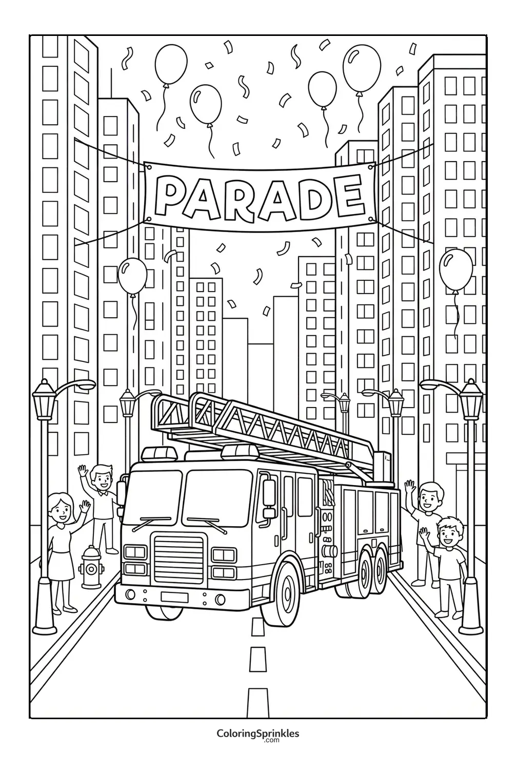Coloring page of a fire truck driving in a city parade with balloons