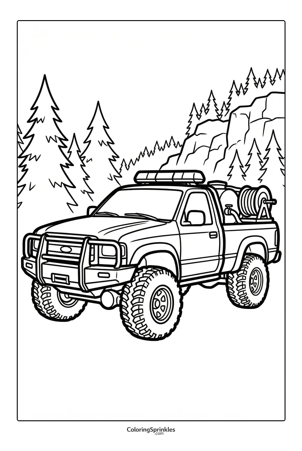Coloring page of a fire truck pickup in a forest with mountains