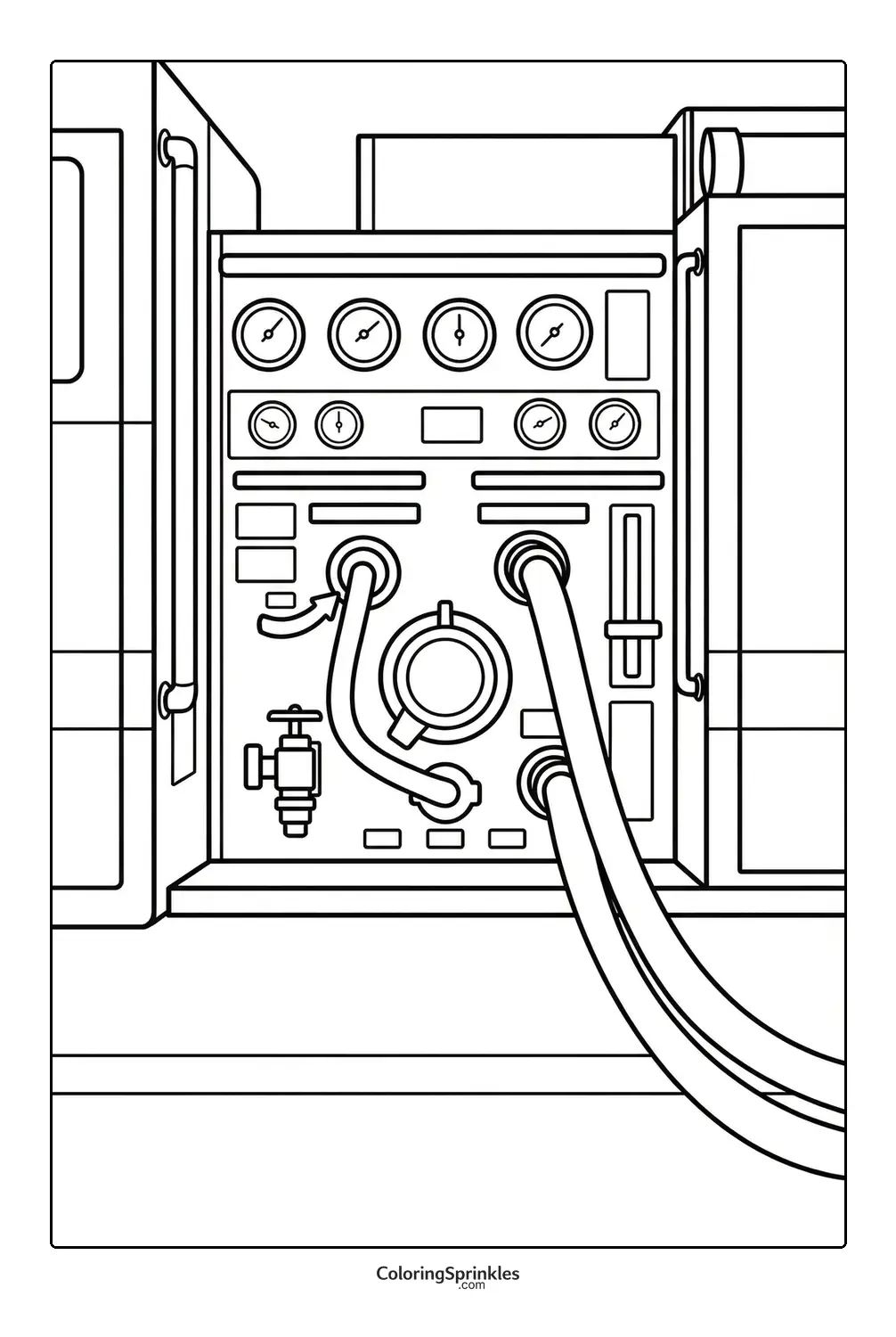 Coloring page of a fire truck pump panel with hoses
