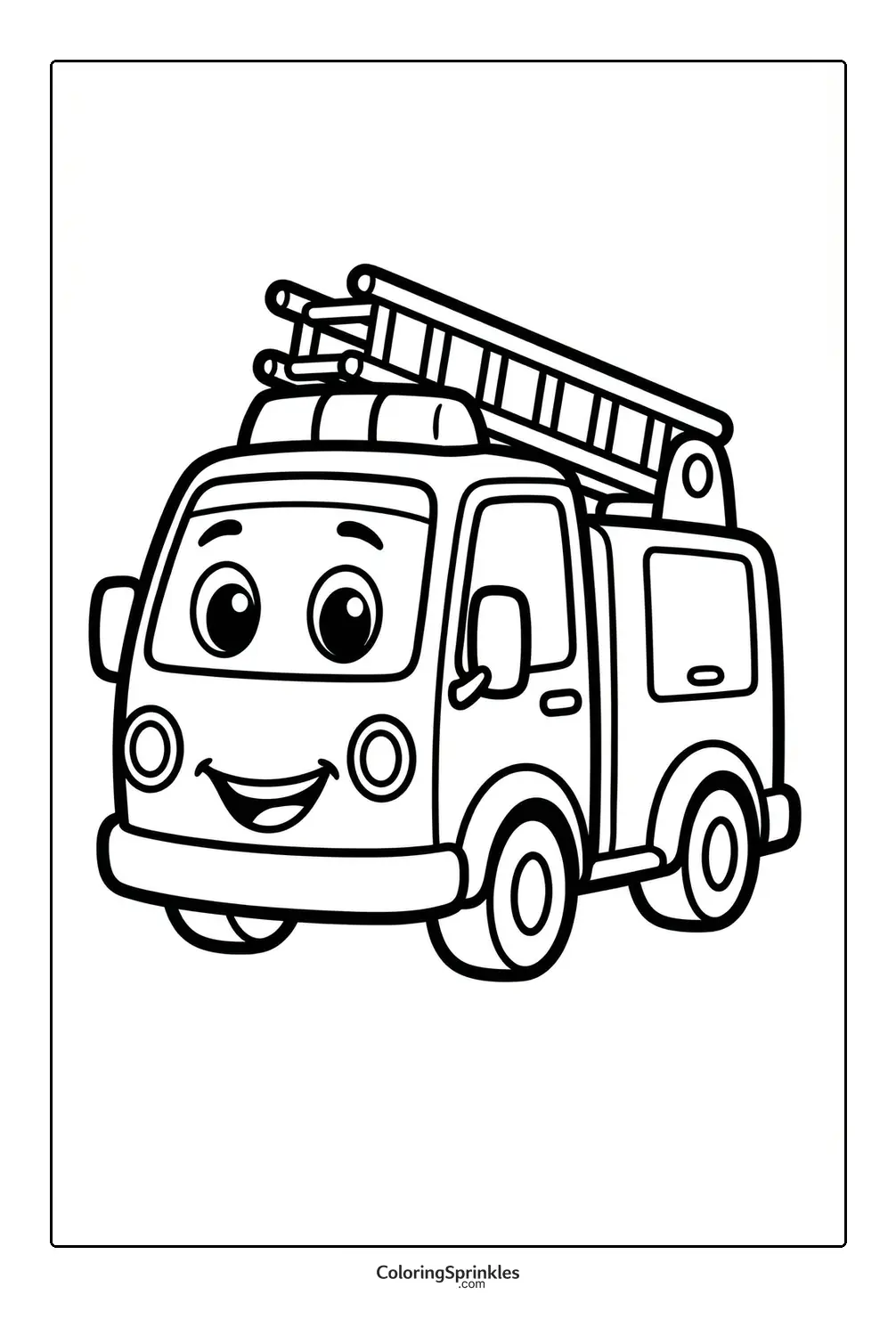 Coloring page of a smiling cartoon fire truck with a ladder
