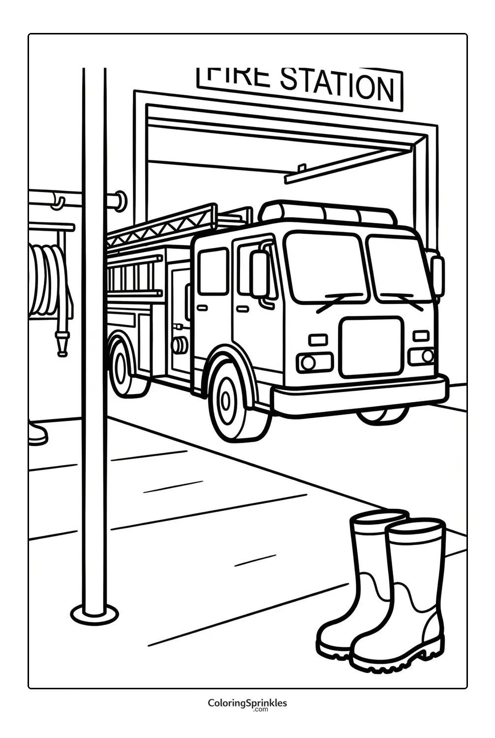 Coloring page of a fire truck parked inside a fire station with boots and hose