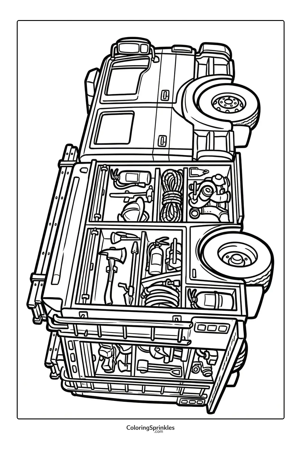 Coloring page of a fire truck with open tool storage compartments