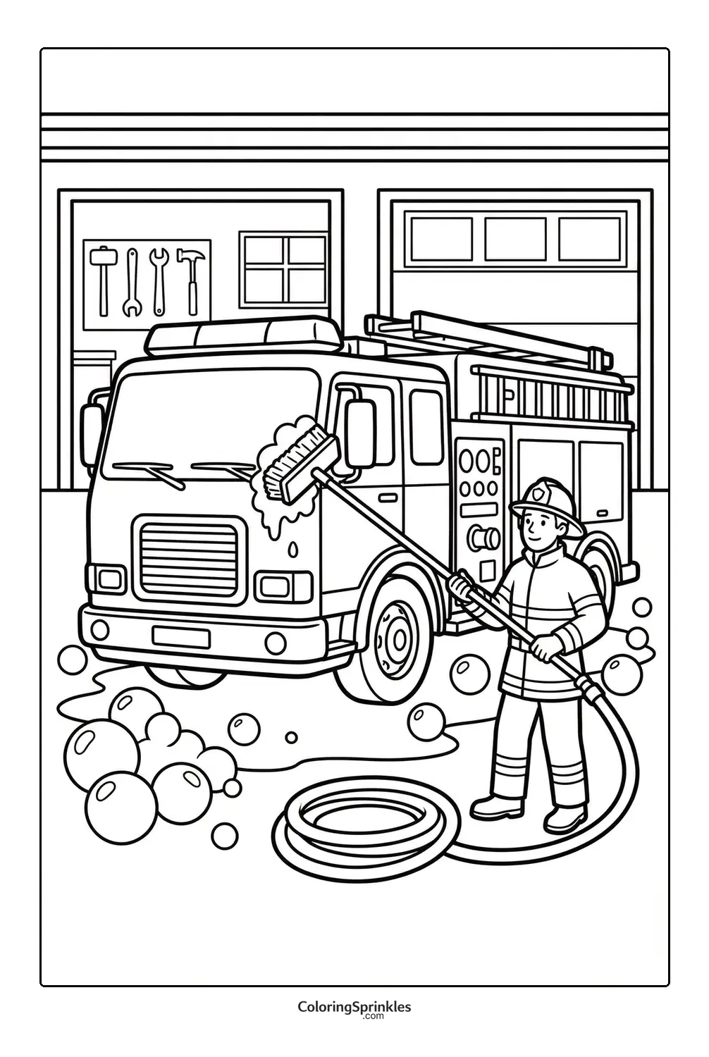 Coloring page of a firefighter washing a fire truck with bubbles
