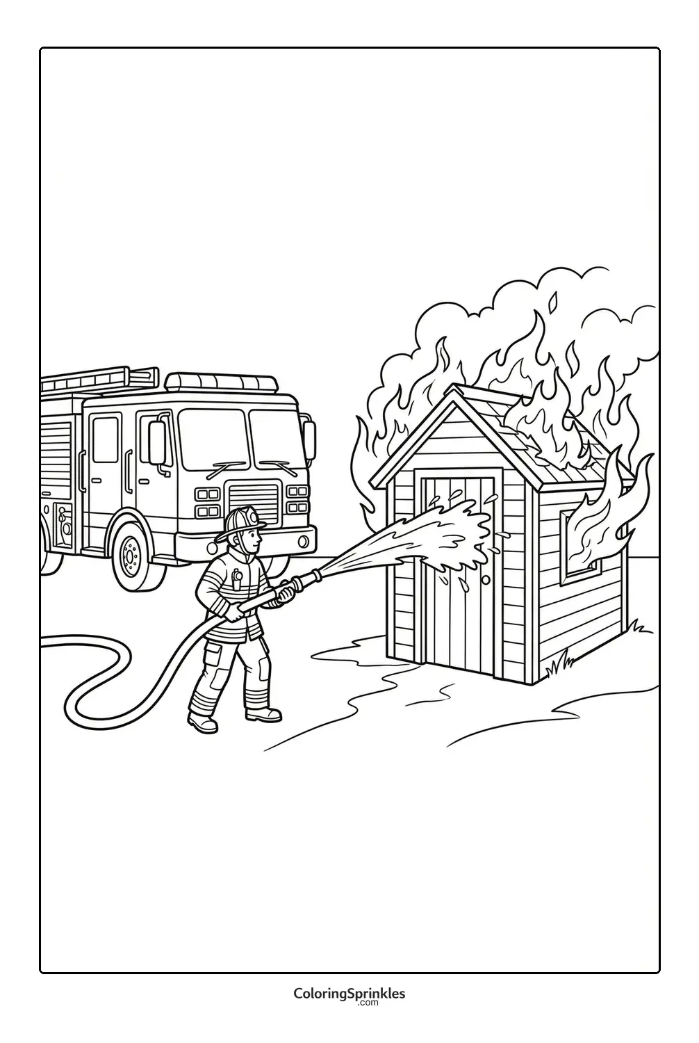 Coloring page of a firefighter spraying water on a burning house with a fire truck