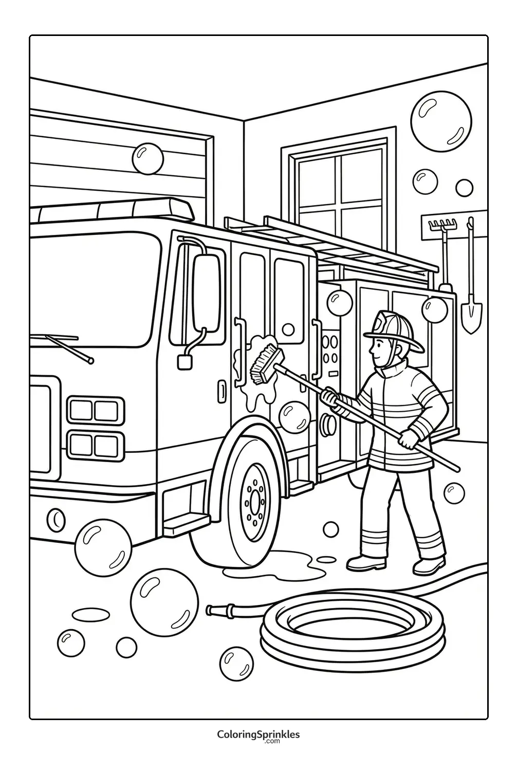 Coloring page of a firefighter washing a fire truck with bubbles