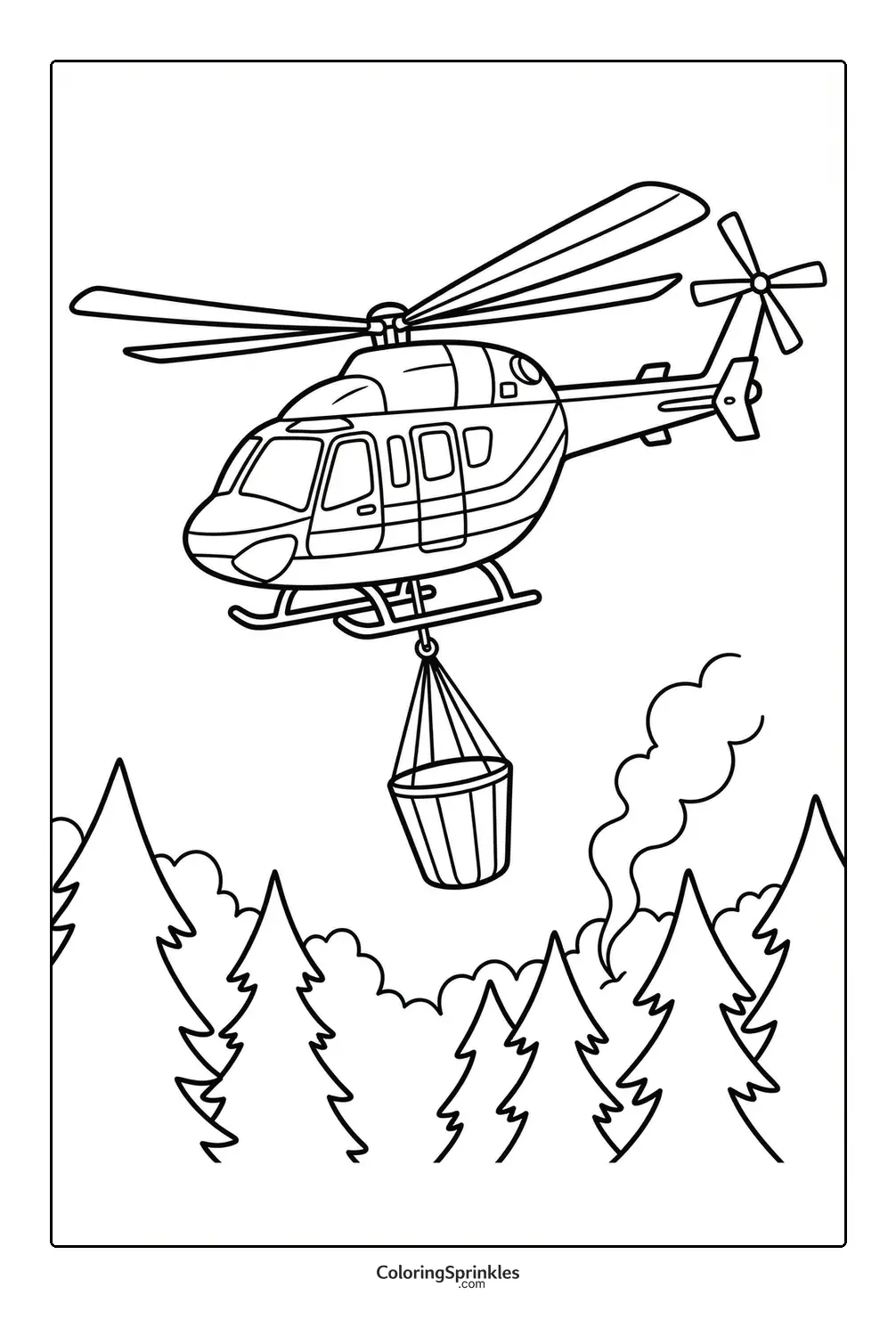 Coloring page of a helicopter carrying a bucket to fight a forest fire