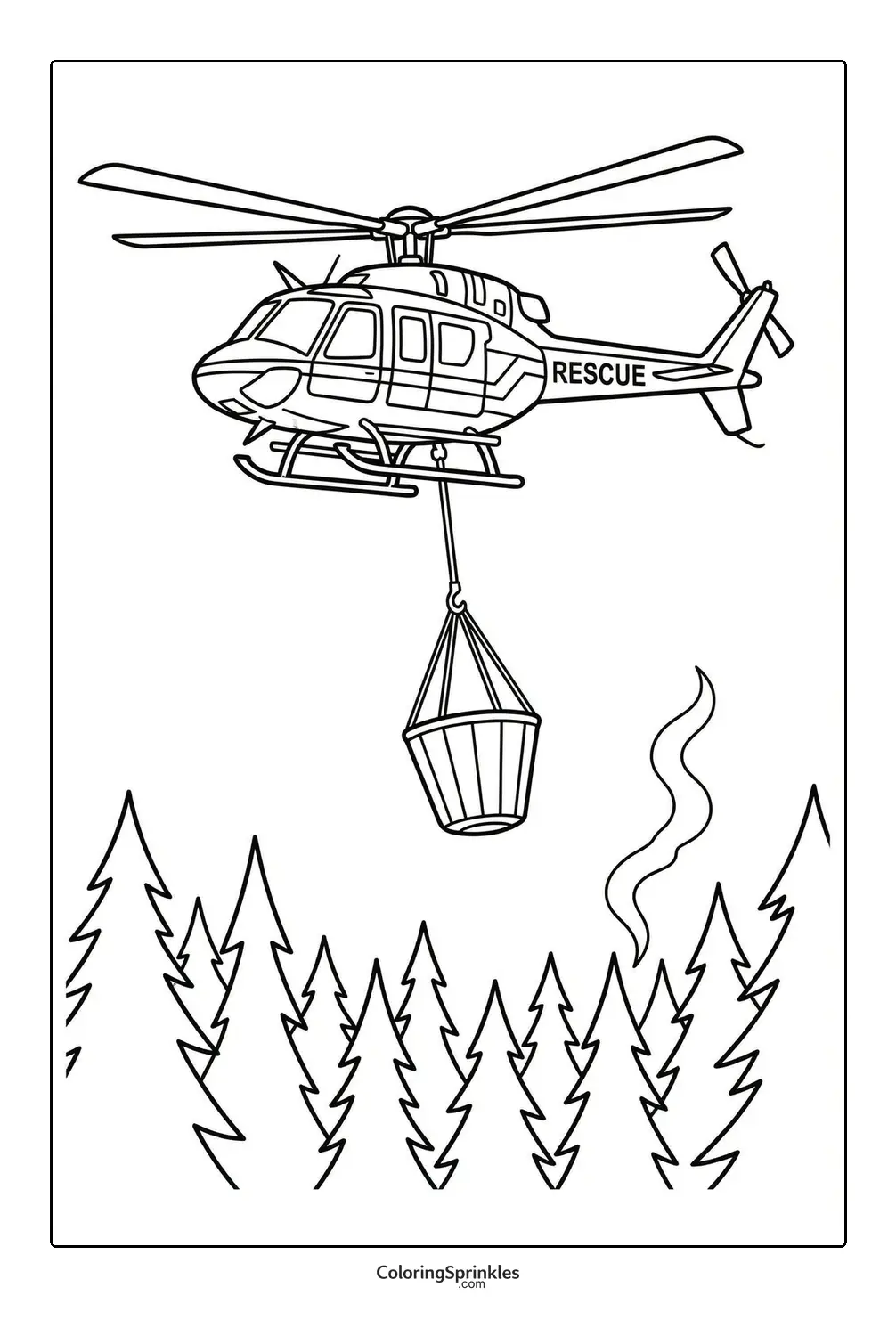 Coloring page of a rescue helicopter carrying a bucket over a forest fire