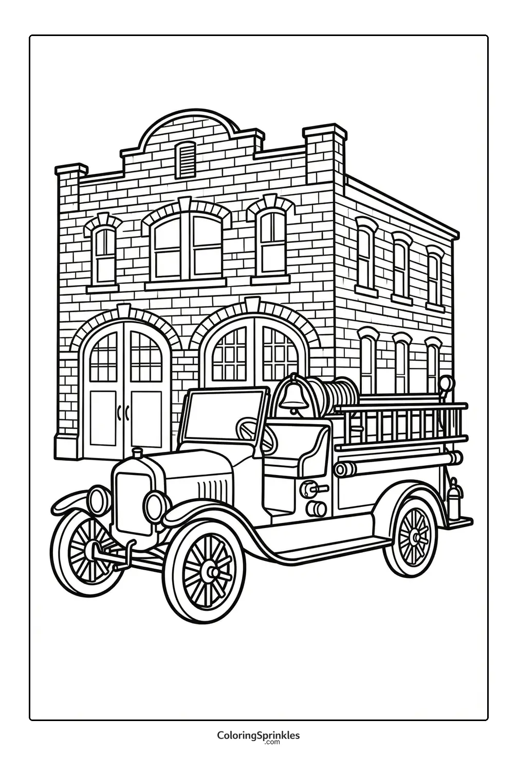 Coloring page of a vintage fire truck parked in front of a brick firehouse