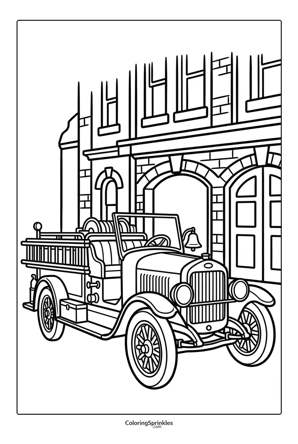 Coloring page of a vintage fire truck parked outside a firehouse building