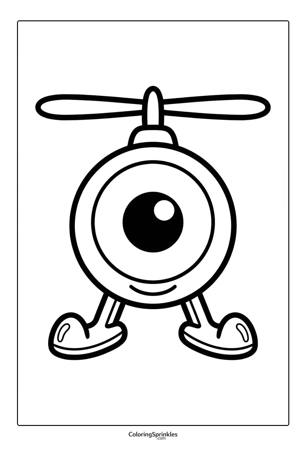 Coloring page of a cartoon helicopter with one big eye and shoes