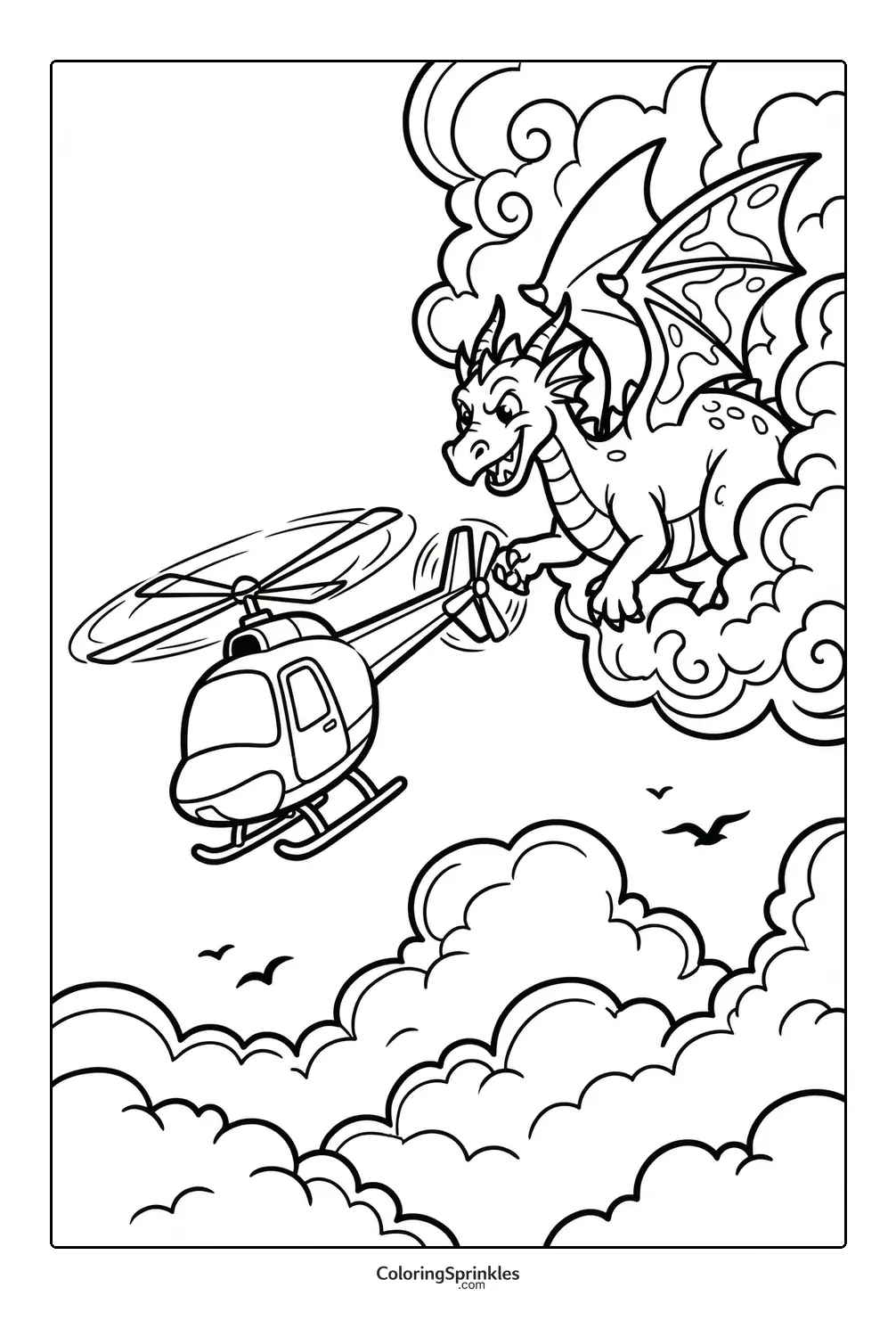 Coloring page of a dragon and a helicopter flying among clouds