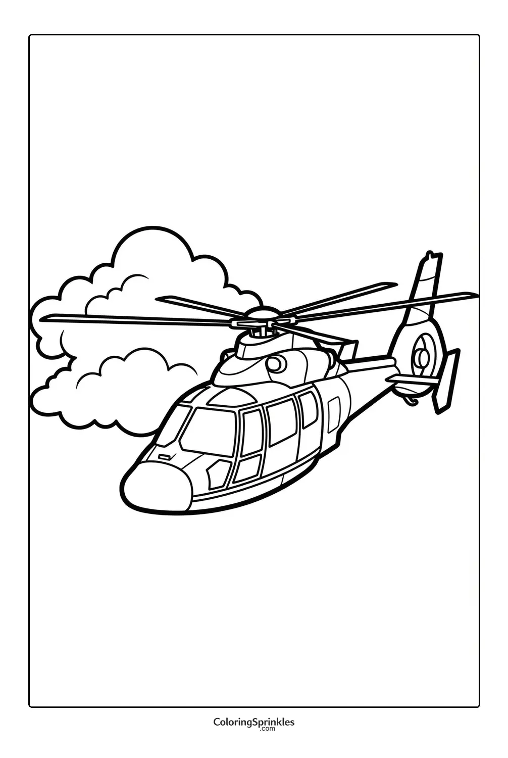 Coloring page of a helicopter flying with clouds in the background