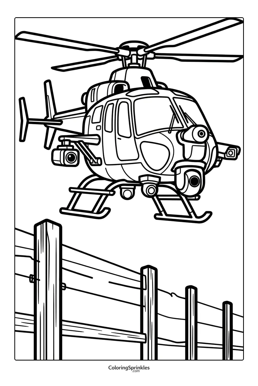 Coloring page of a helicopter flying over a wooden fence