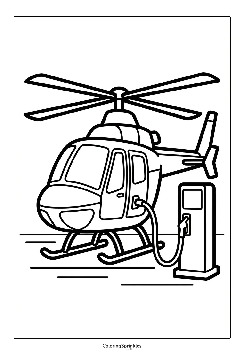 Coloring page of a helicopter being fueled at a gas station