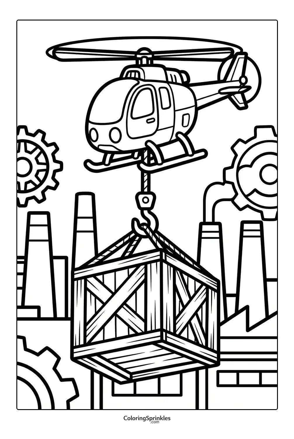 Coloring page of a helicopter lifting a crate in a factory with gears