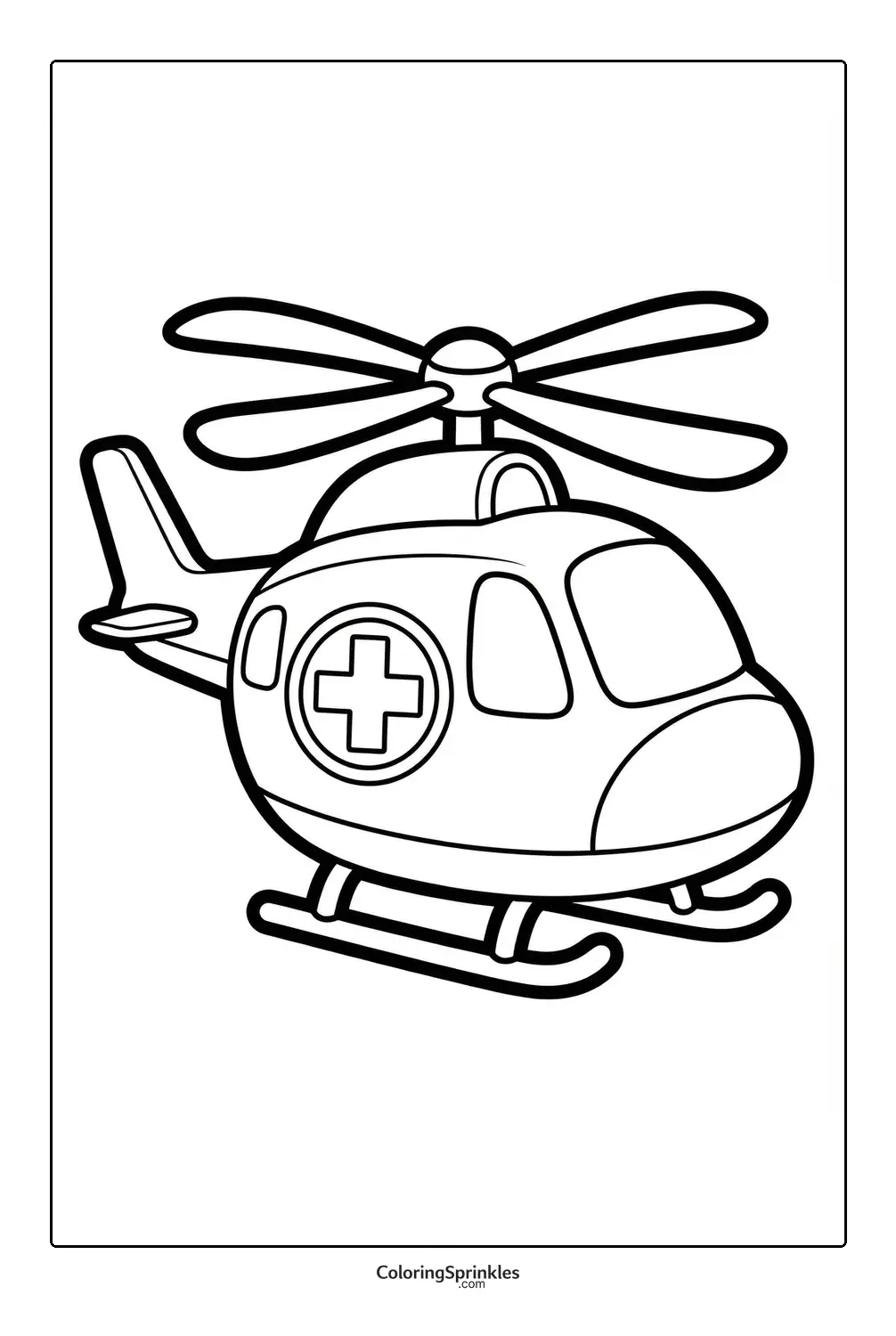 Coloring page of a medical rescue helicopter with a cross symbol