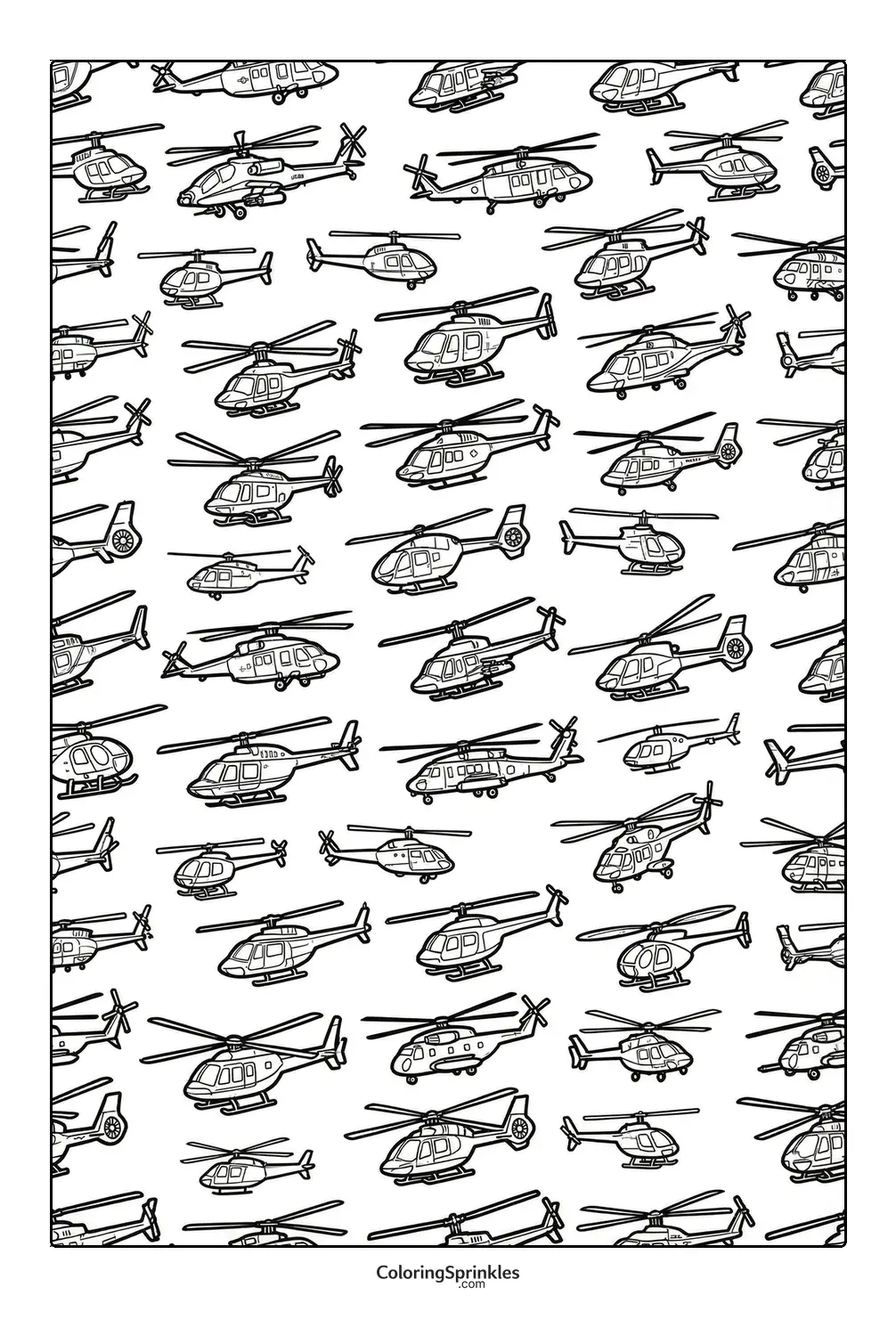 Coloring page of various helicopter models in a repeating pattern