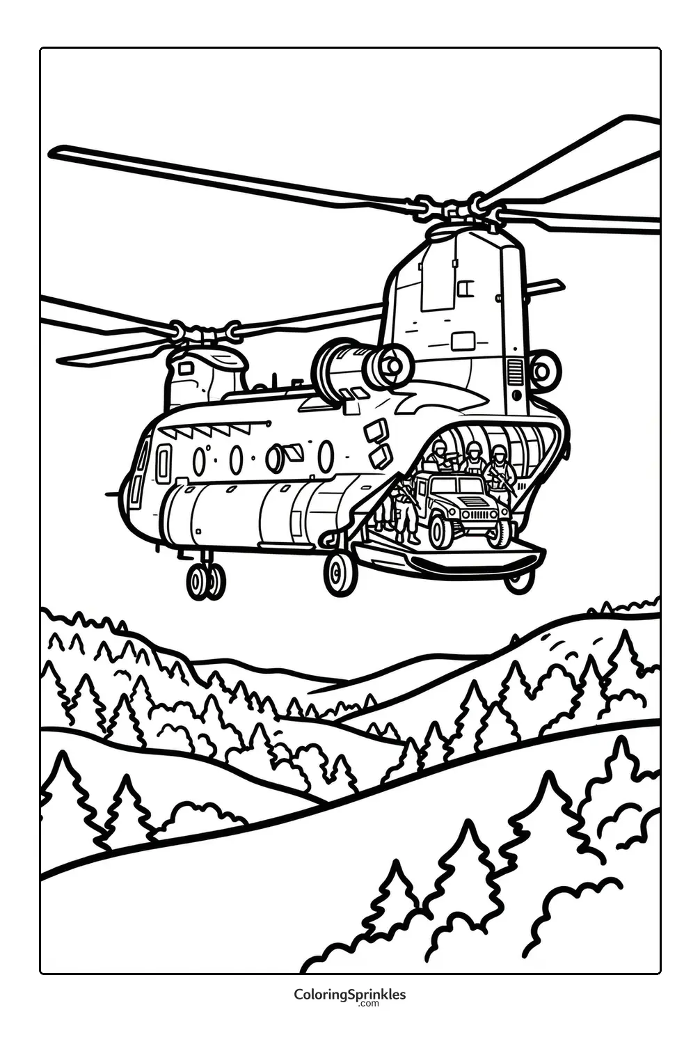 Coloring page of a military helicopter carrying troops and a vehicle over forested hills