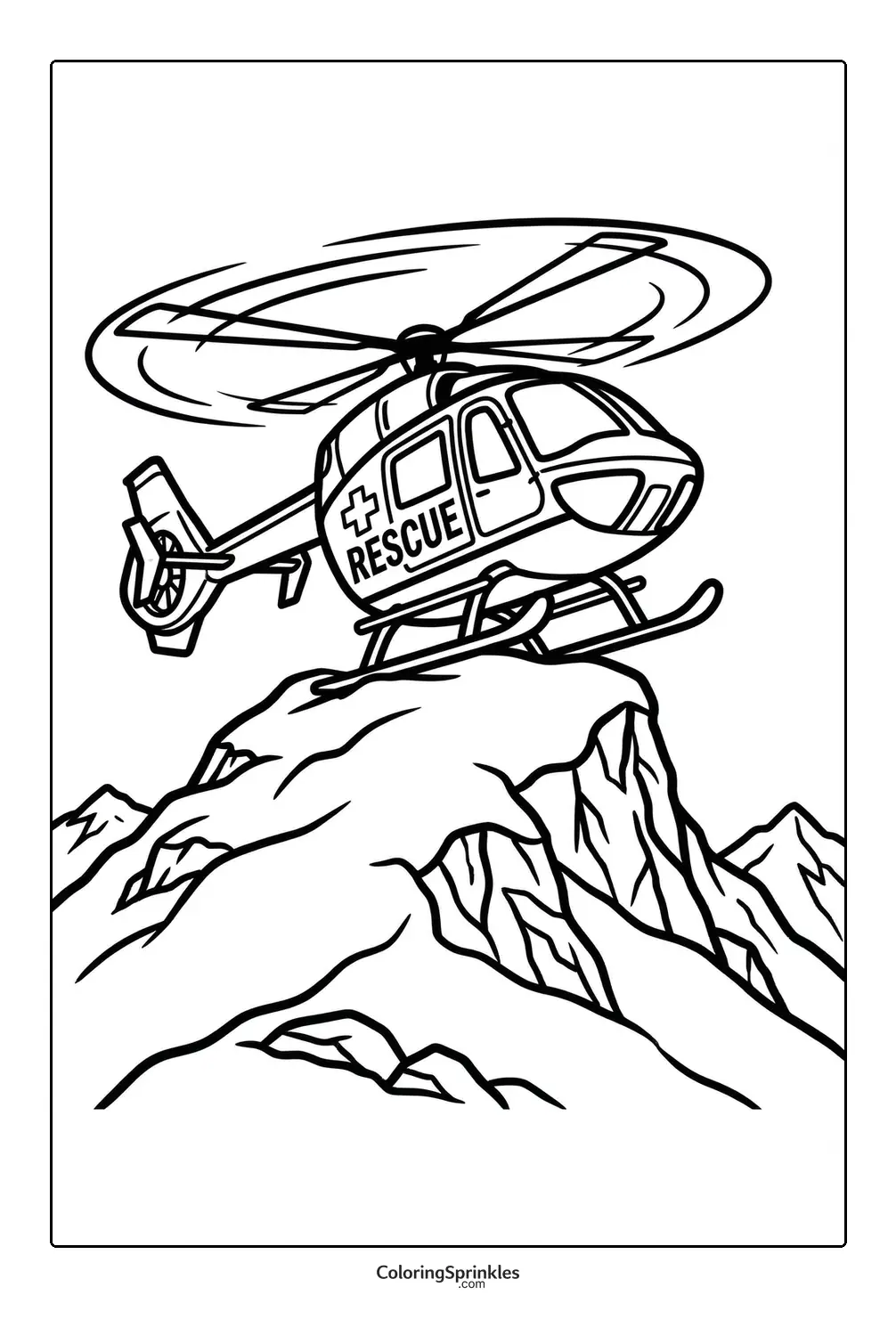 Coloring page of a rescue helicopter flying over snowy mountains