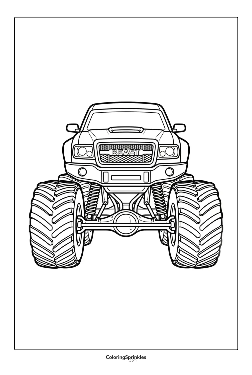 Coloring page of a monster truck named Beast from the front view