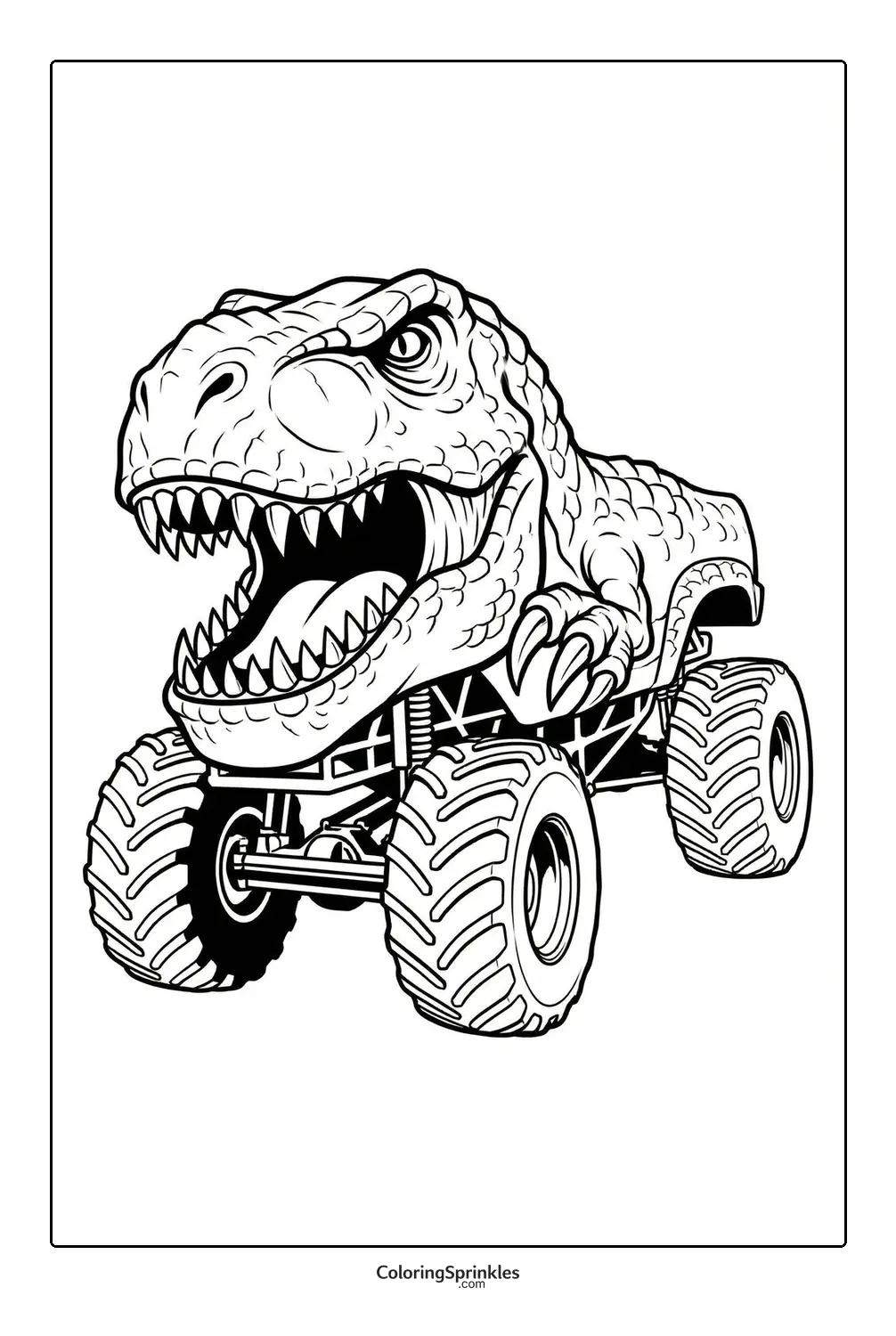 Coloring page of a monster truck with a dinosaur head and claws