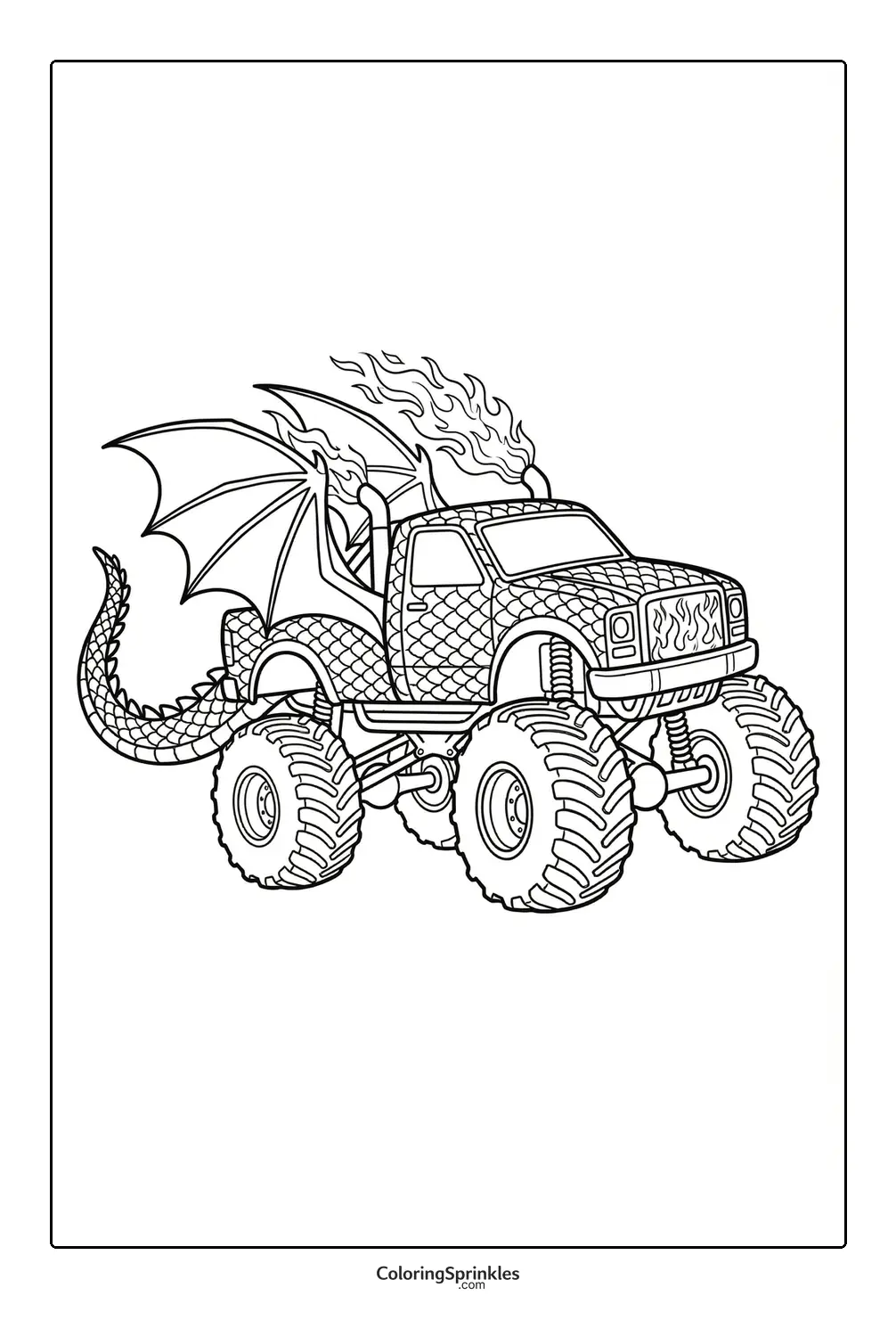 Coloring page of a monster truck with dragon scales, wings, tail, and flames