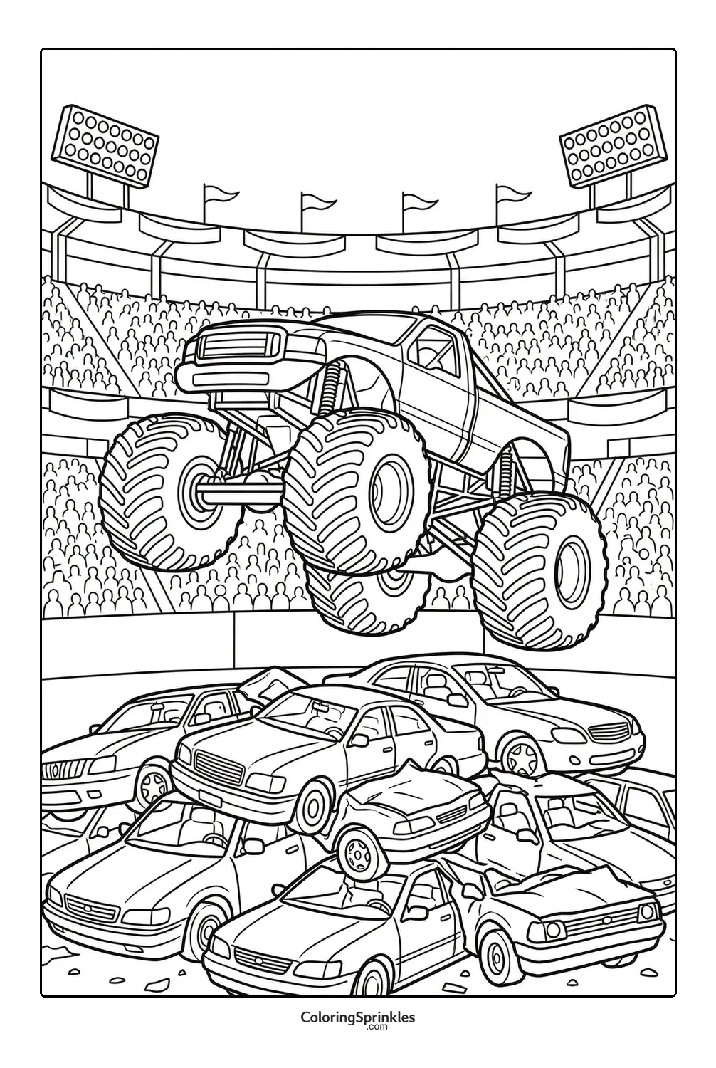 Coloring page of a monster truck jumping over crushed cars in a stadium