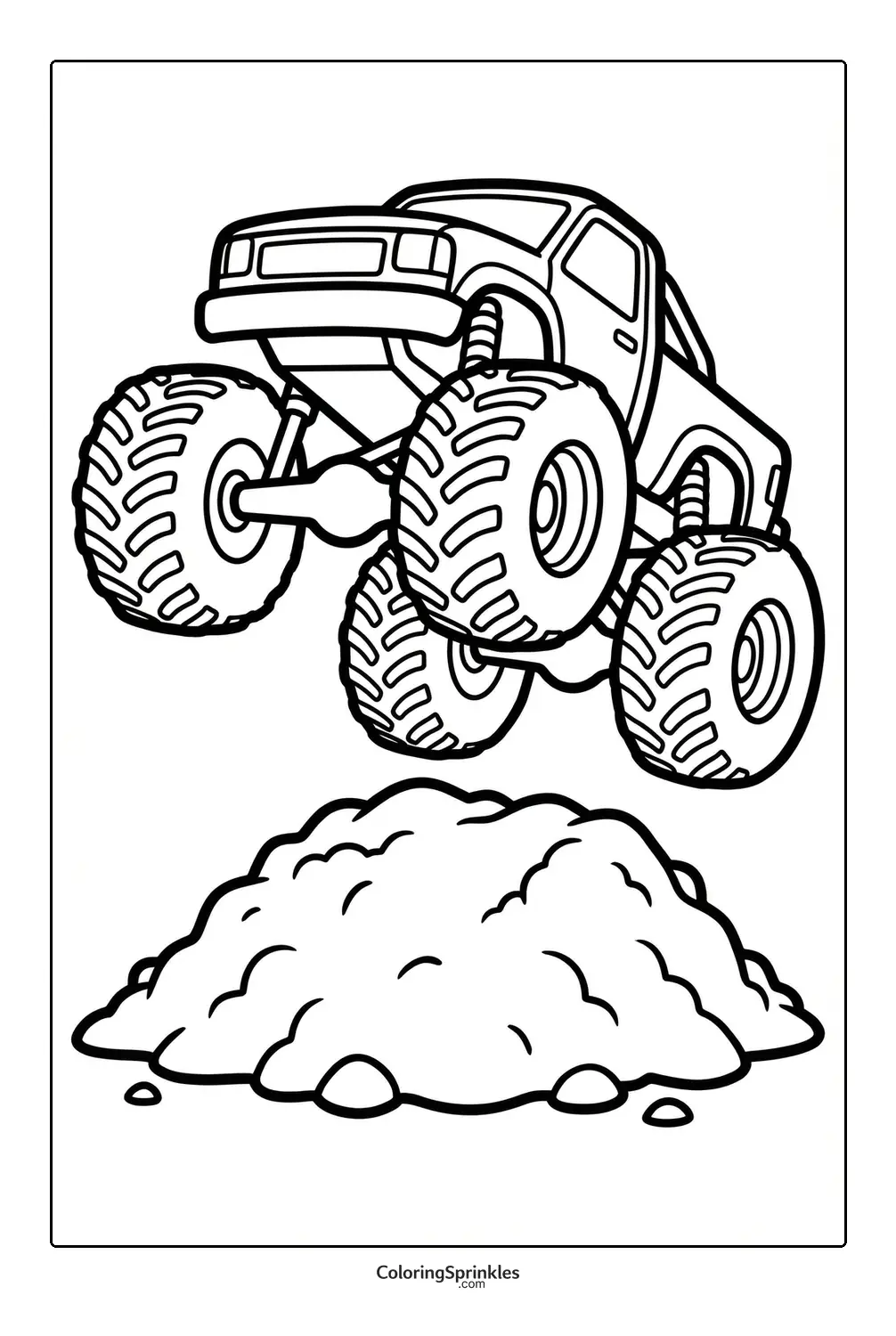 Coloring page of a monster truck jumping over a dirt mound