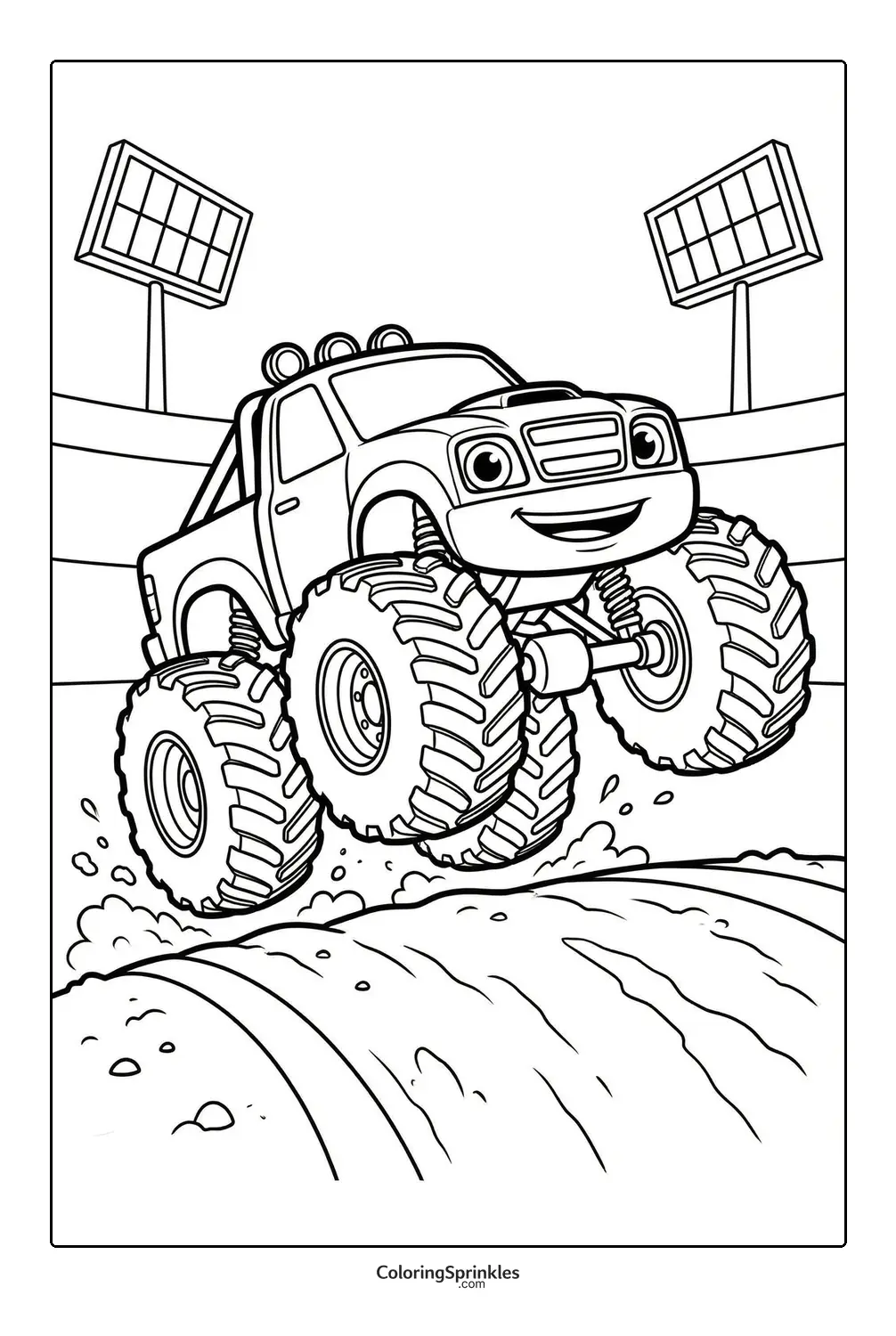 Coloring page of a monster truck jumping over dirt in a stadium