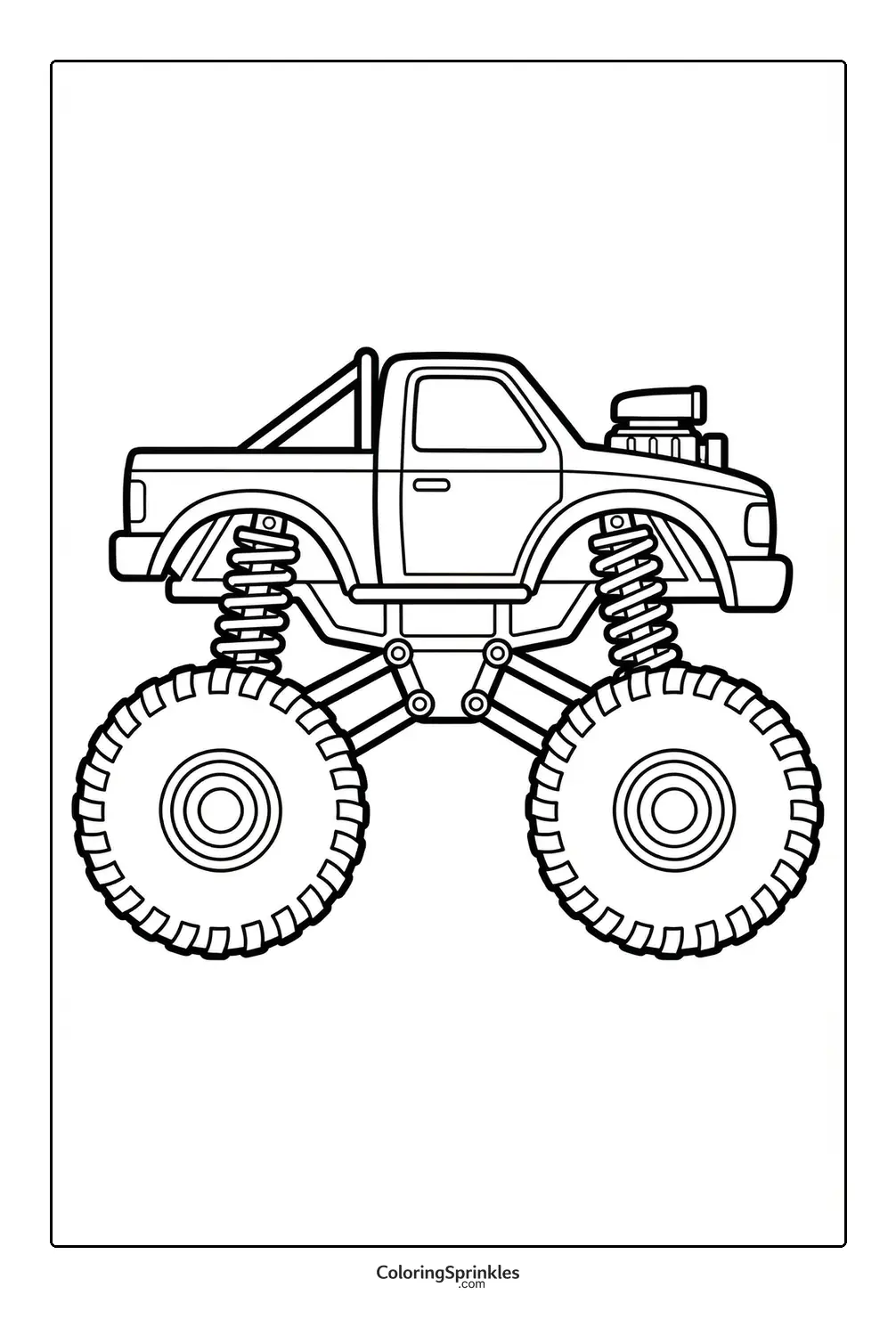 Coloring page of a monster truck with large wheels and suspension