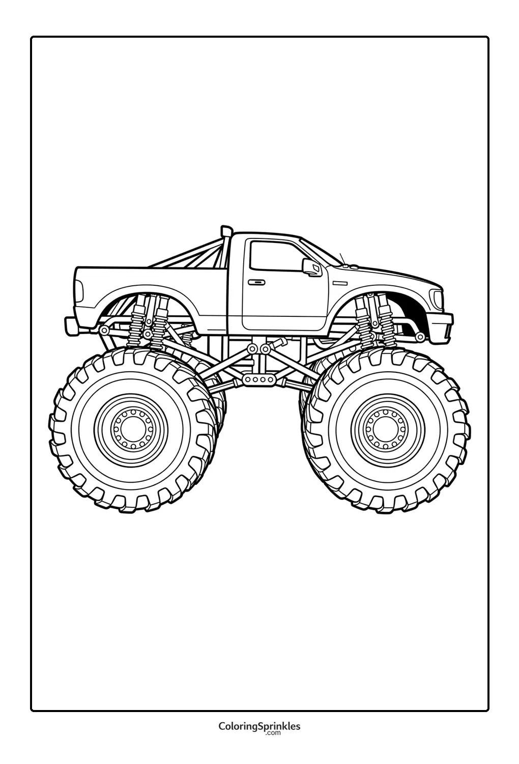Coloring page of a monster truck with large wheels and detailed suspension
