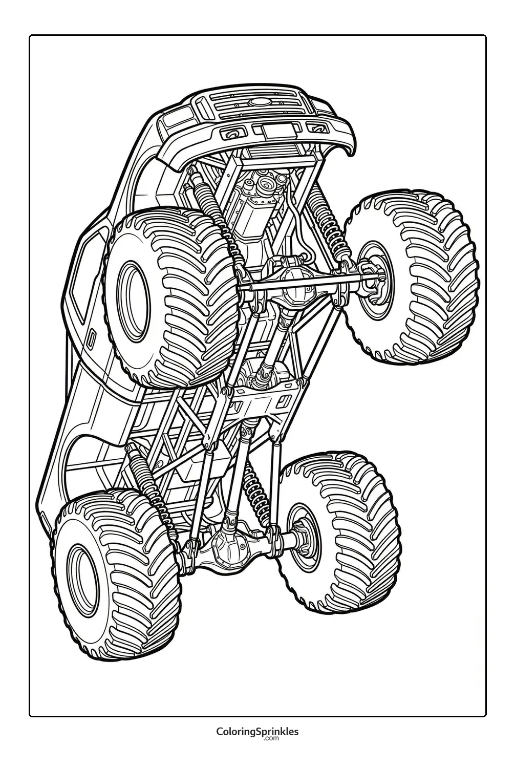 Coloring page of a monster truck showing detailed undercarriage