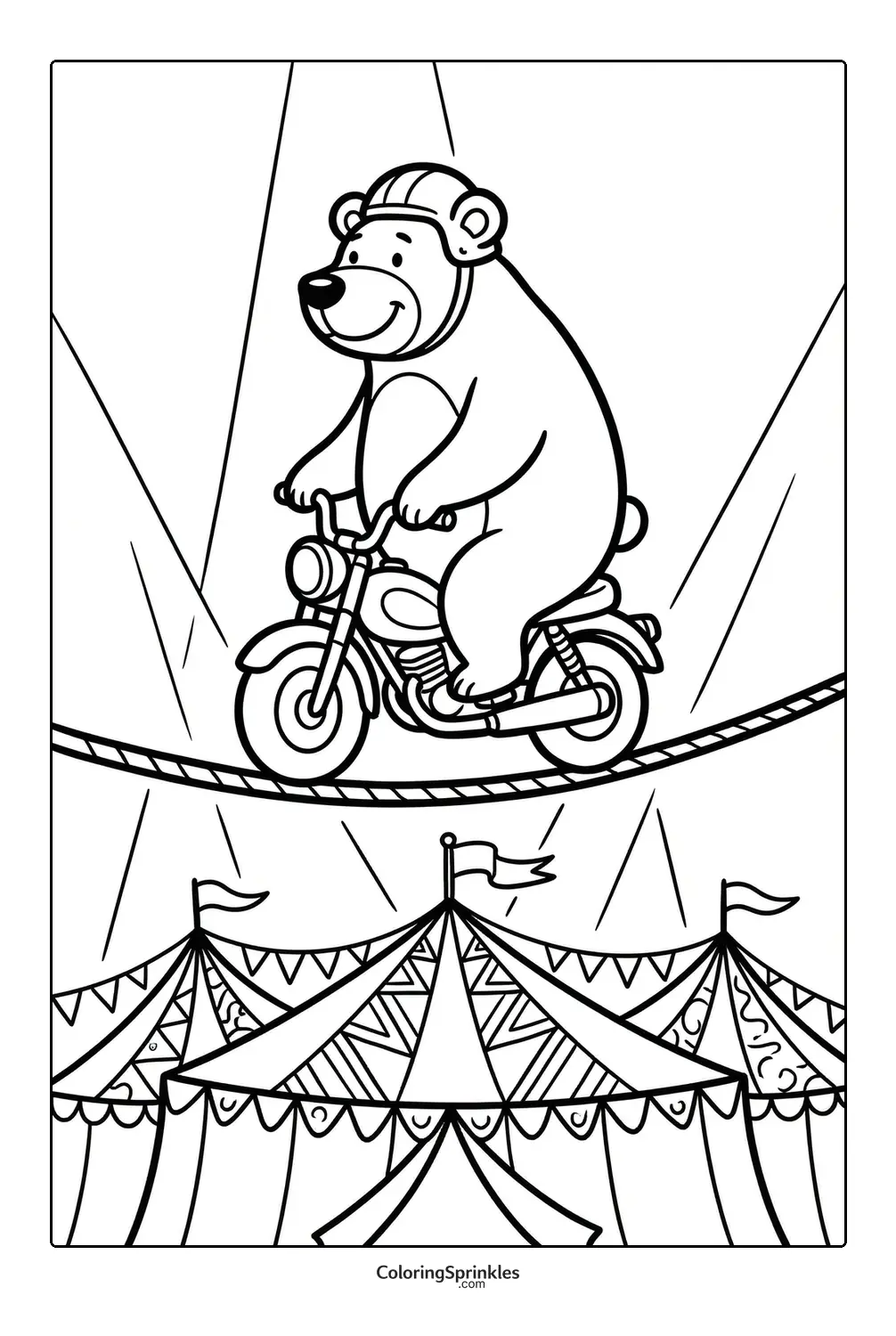Coloring page of a bear riding a motorcycle on a tightrope above circus tents