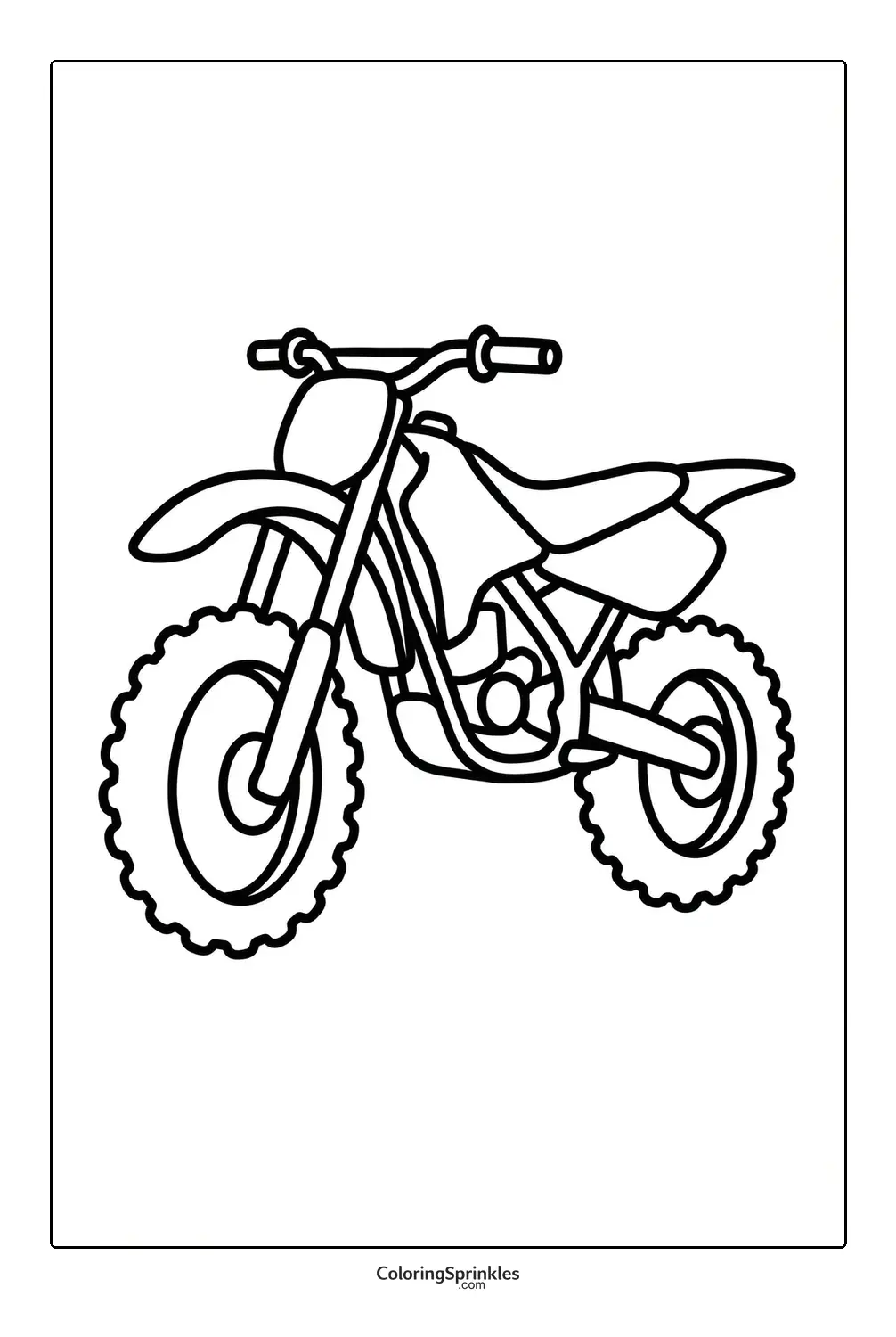 Coloring page of a dirt bike motorcycle with off-road tires