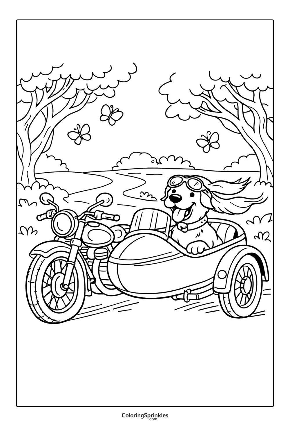 Coloring page of a dog riding in a motorcycle sidecar with butterflies and trees