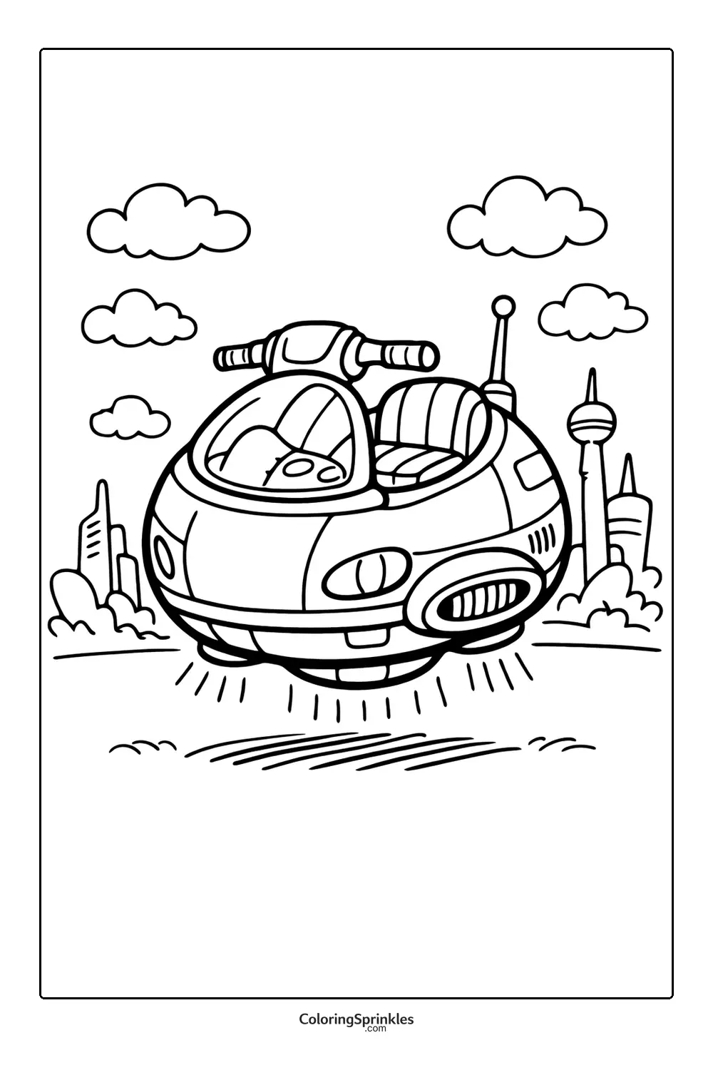 Coloring page of a futuristic hover motorcycle in a cityscape