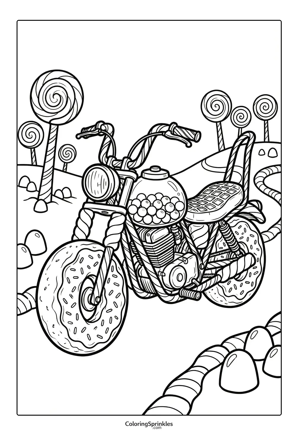 Coloring page of a motorcycle with donut wheels in a candy land