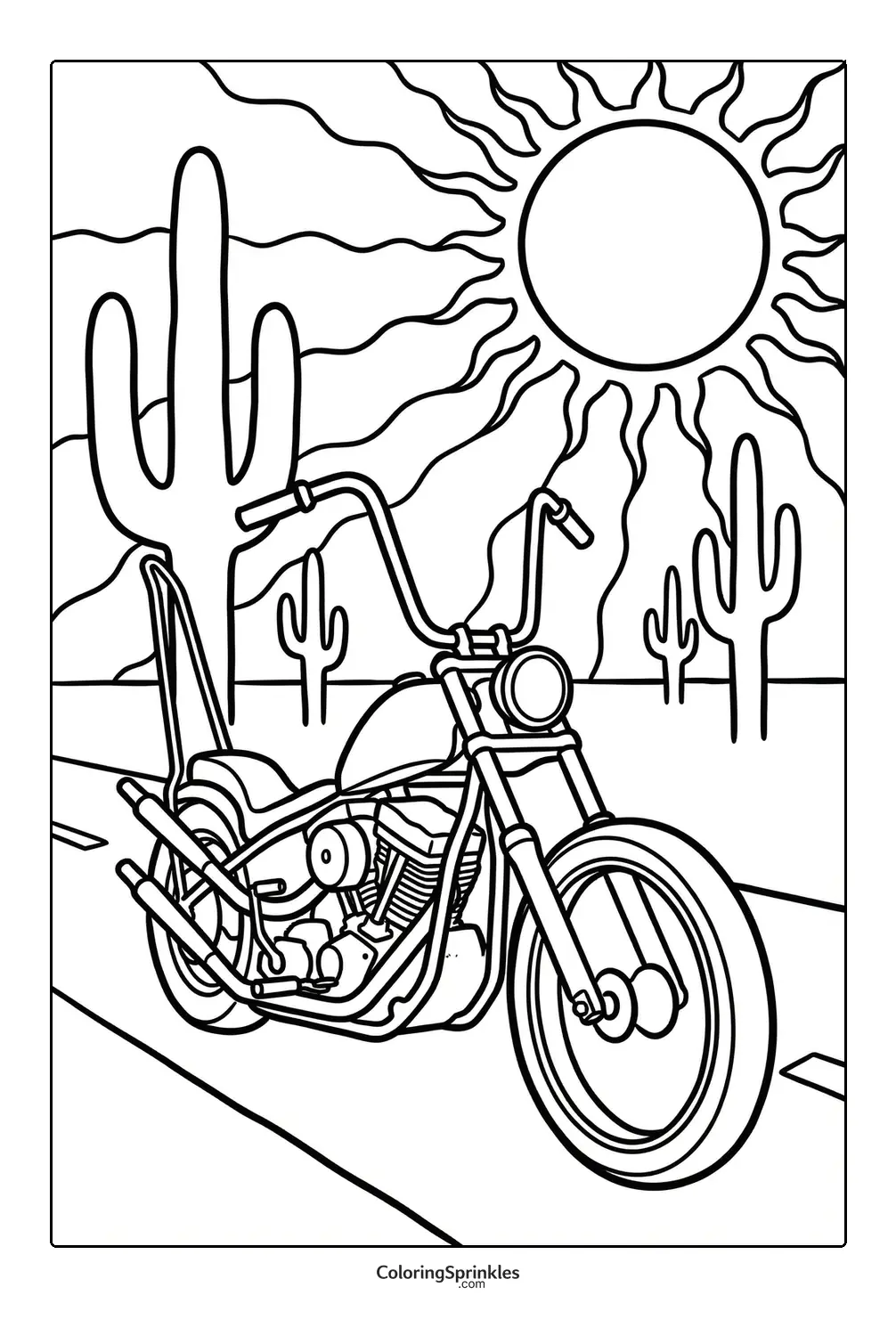 Coloring page of a motorcycle on a desert road with cactus and sun