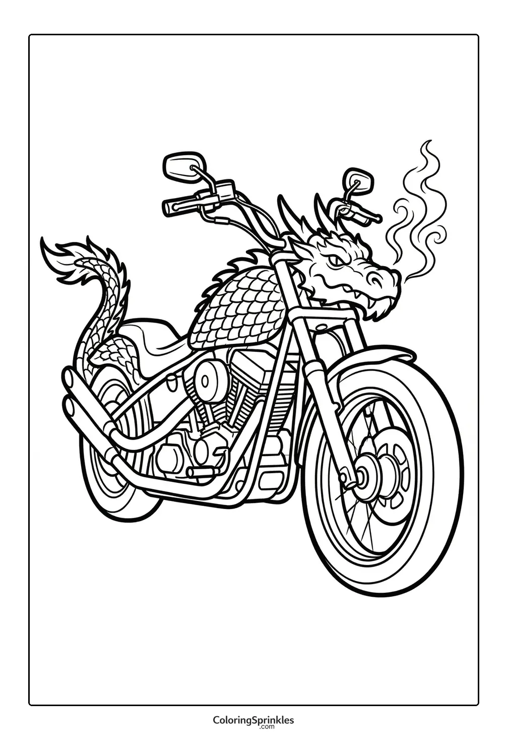Coloring page of a motorcycle with a dragon design and smoking exhaust