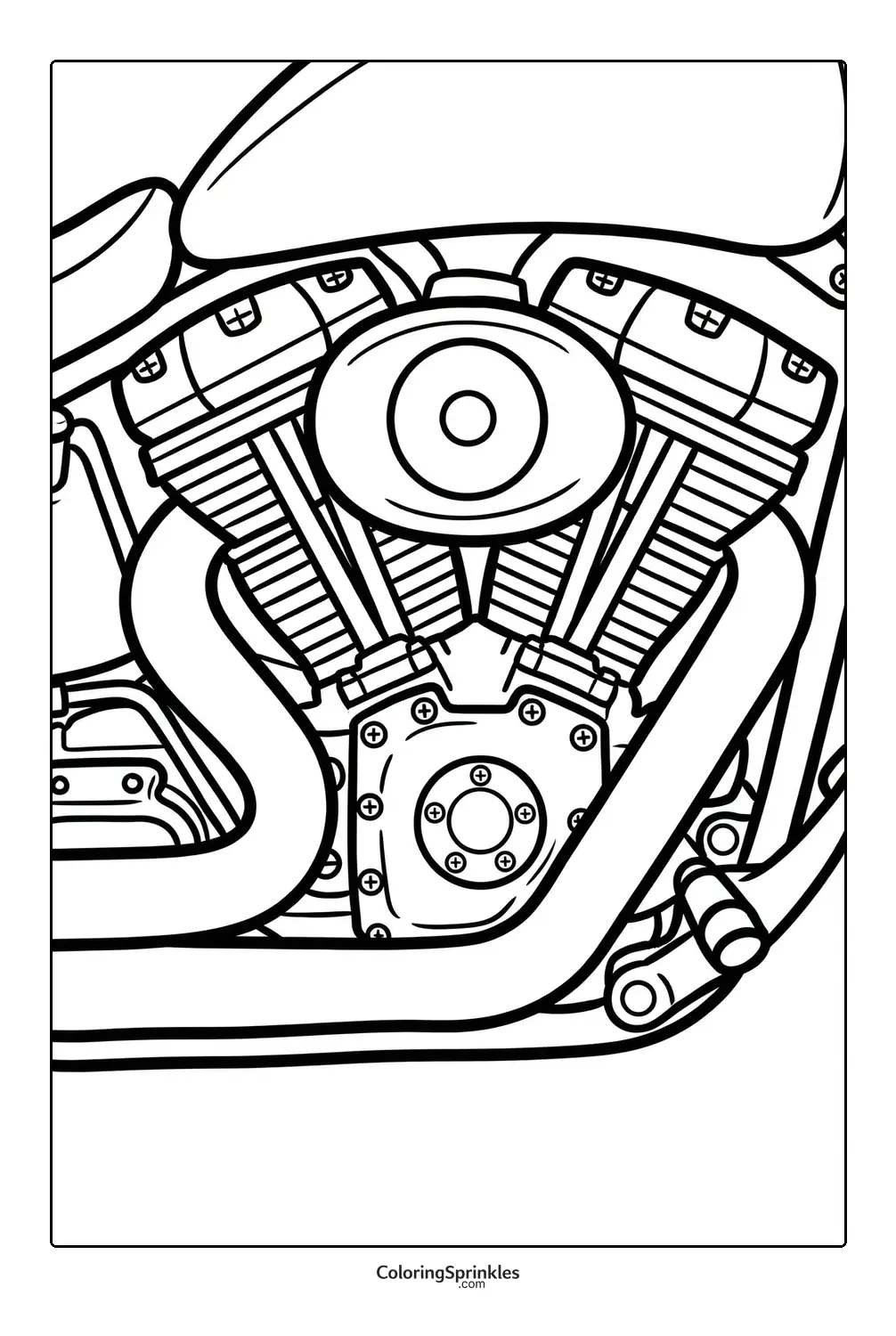 Coloring page of a detailed motorcycle engine and parts
