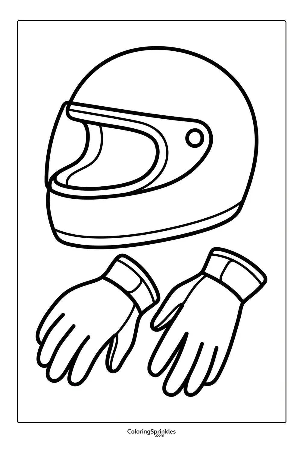 Coloring page of motorcycle safety gear with helmet and gloves