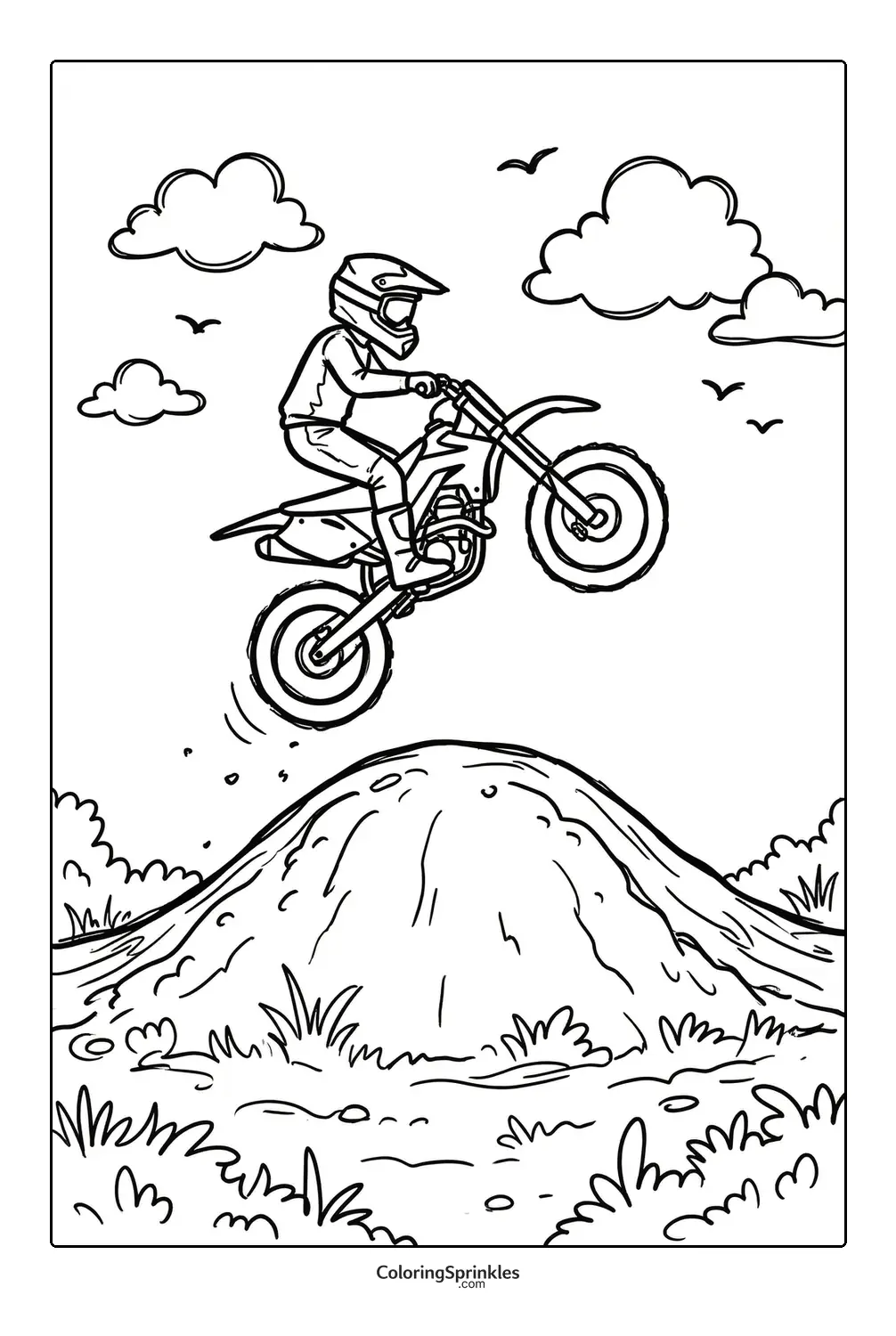 Coloring page of a motorcycle jumping over a dirt mound outdoors