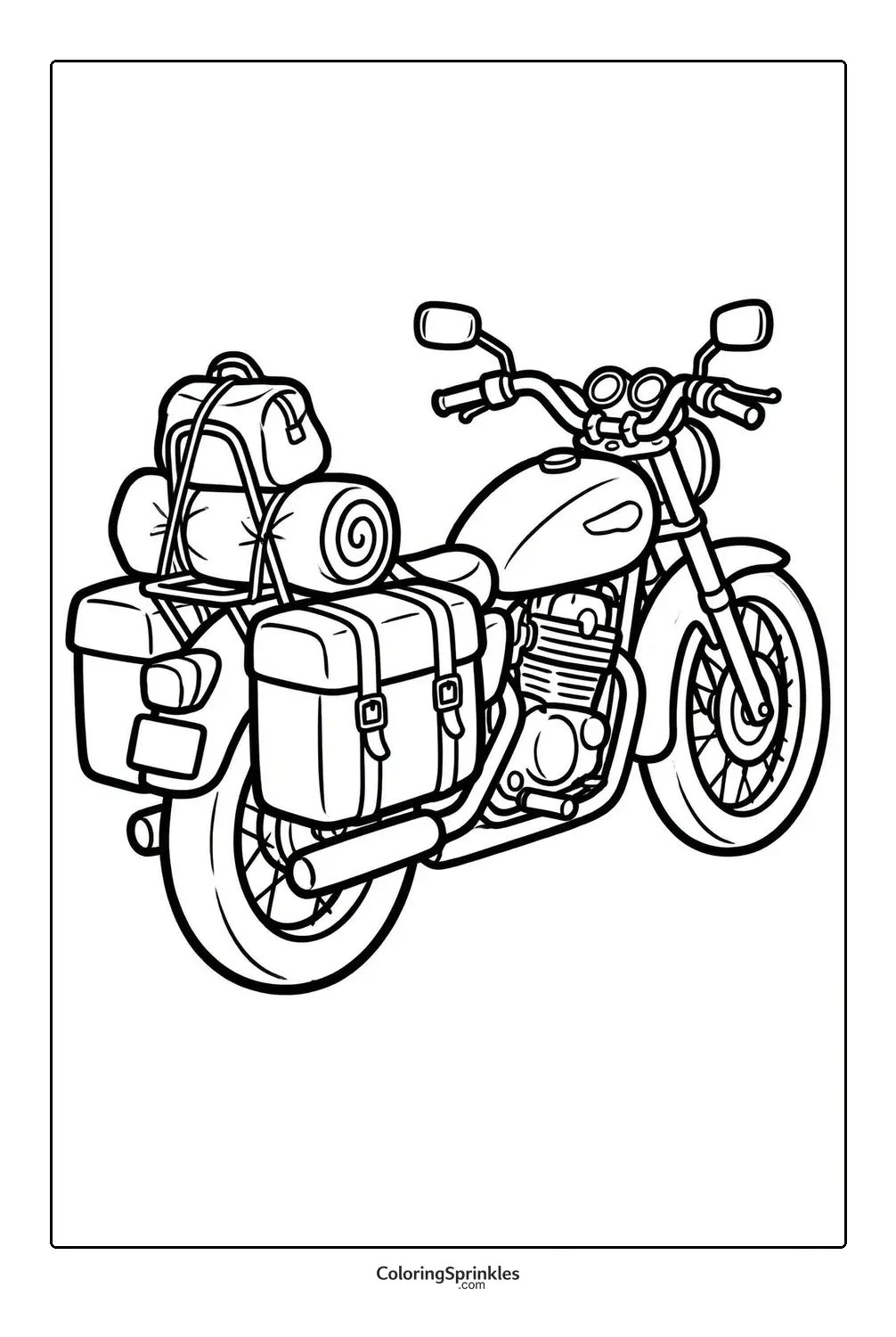 Coloring page of a motorcycle loaded with luggage and camping gear