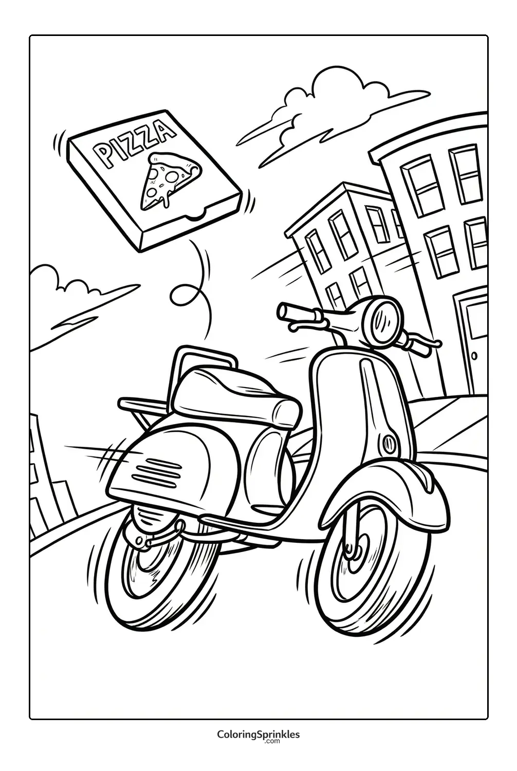 Coloring page of a motorcycle with a flying pizza box in a city