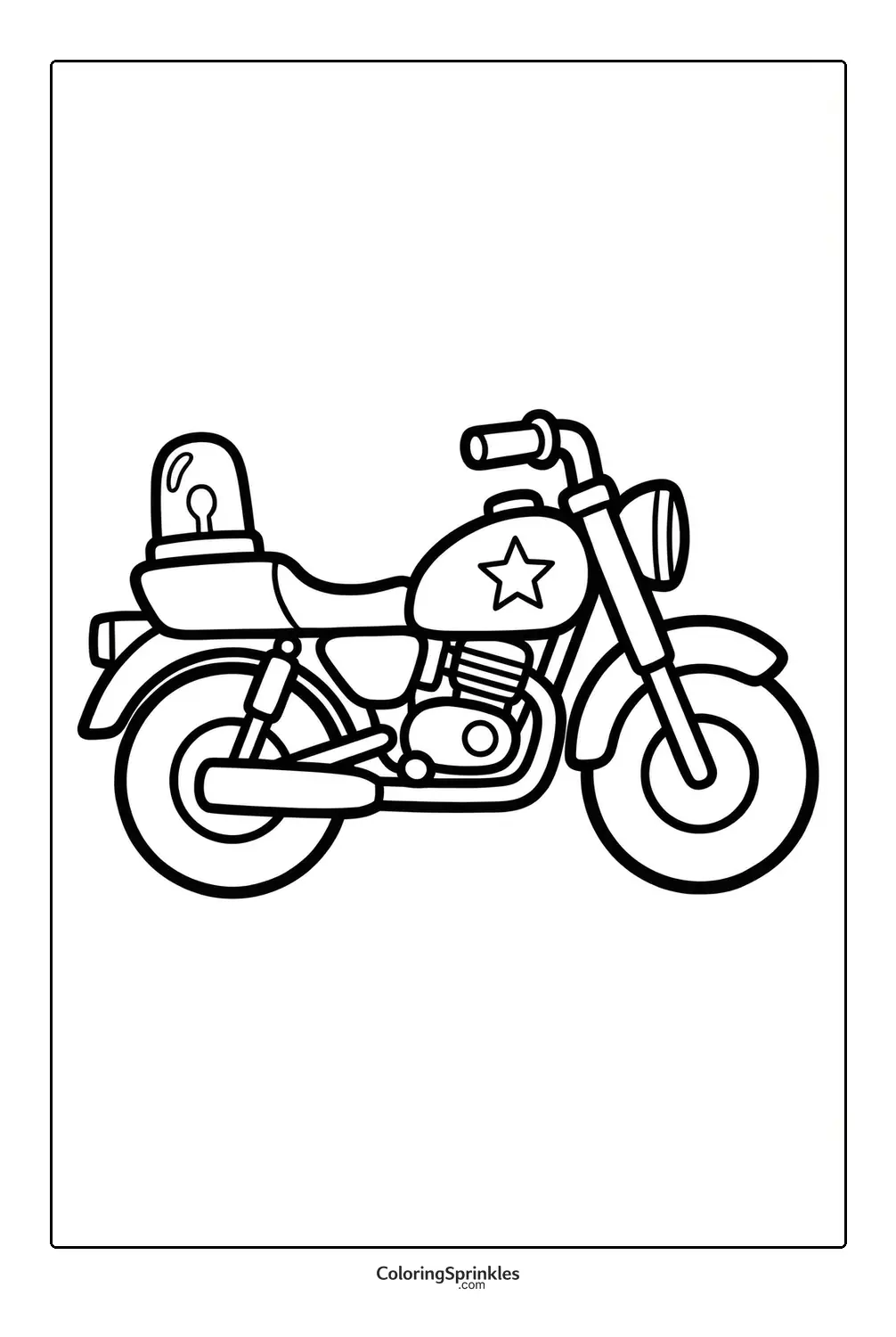 Coloring page of a police motorcycle with a star and light