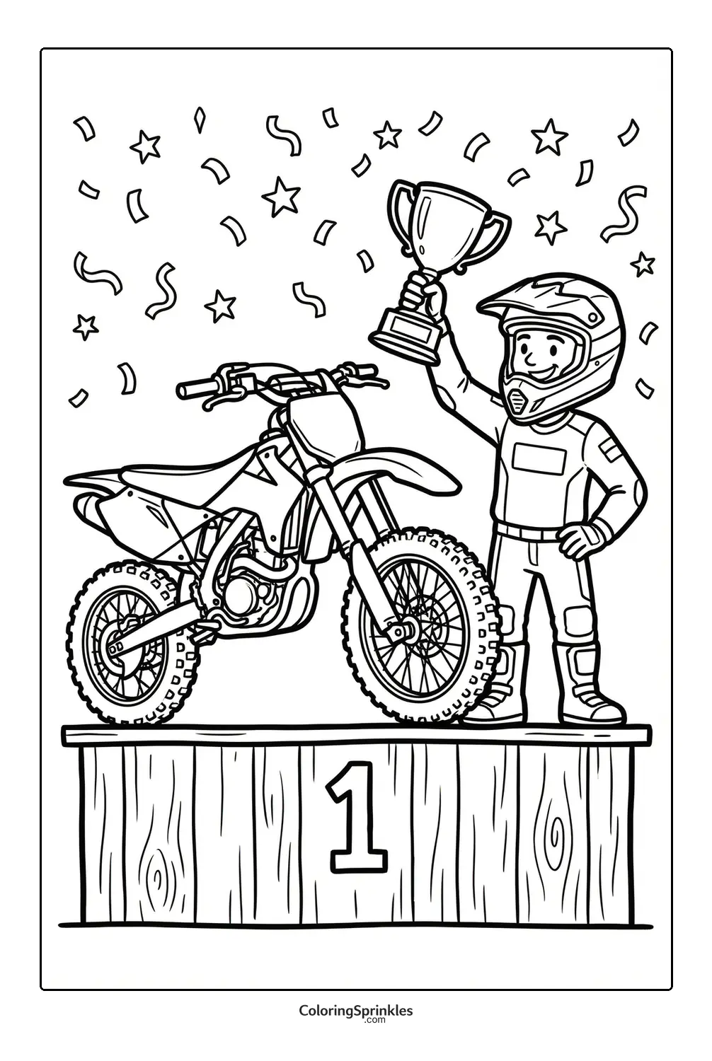 Coloring page of a motorcycle racer holding a trophy on a winner podium