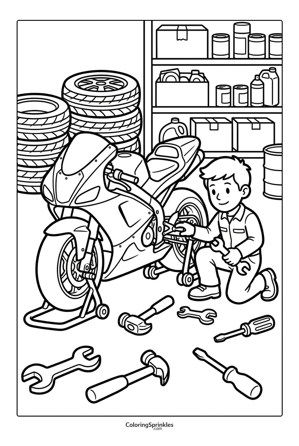 Coloring page of a boy repairing a motorcycle with tools in a garage