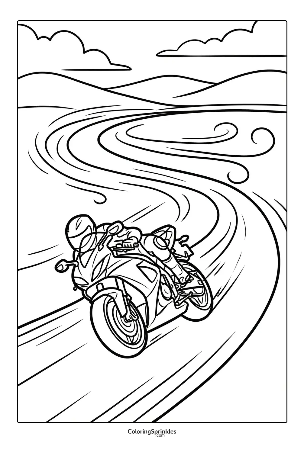Coloring page of a motorcycle rider leaning into a curve on a winding road